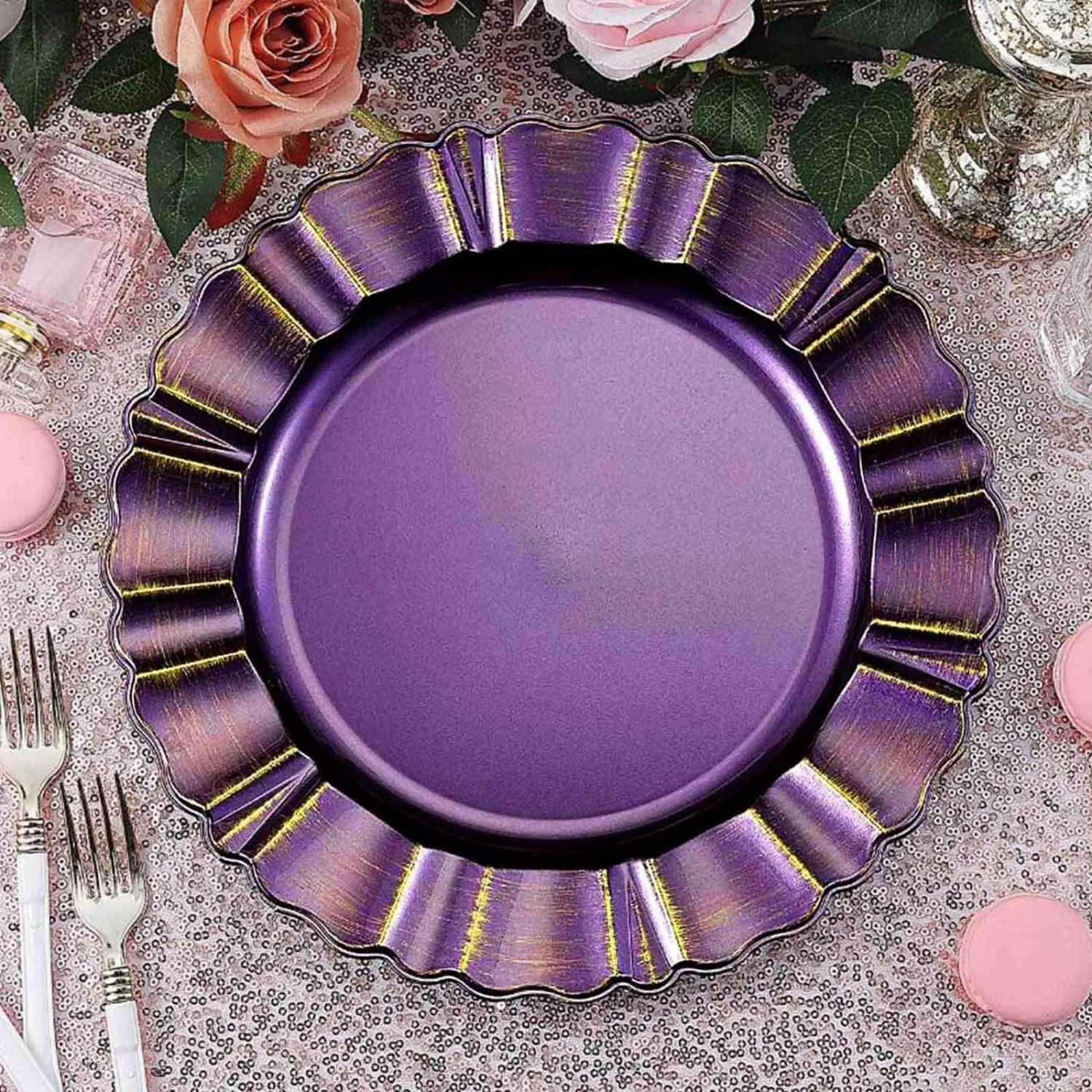 Charger Plates | 6 Pack Purple Acrylic Plastic Charger Plates With Gold Brushed Wavy Scalloped Rim 13″ Round Charger Plates Charger Plates