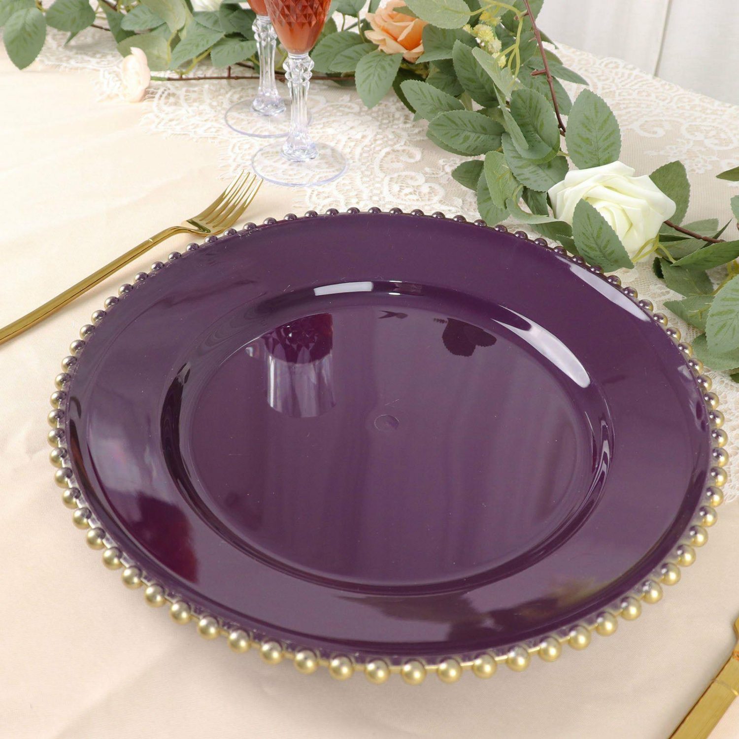 Charger Plates | 6 Pack Purple Gold Acrylic Plastic Beaded Rim Charger Plates – 13″ Charger Plates Charger Plates