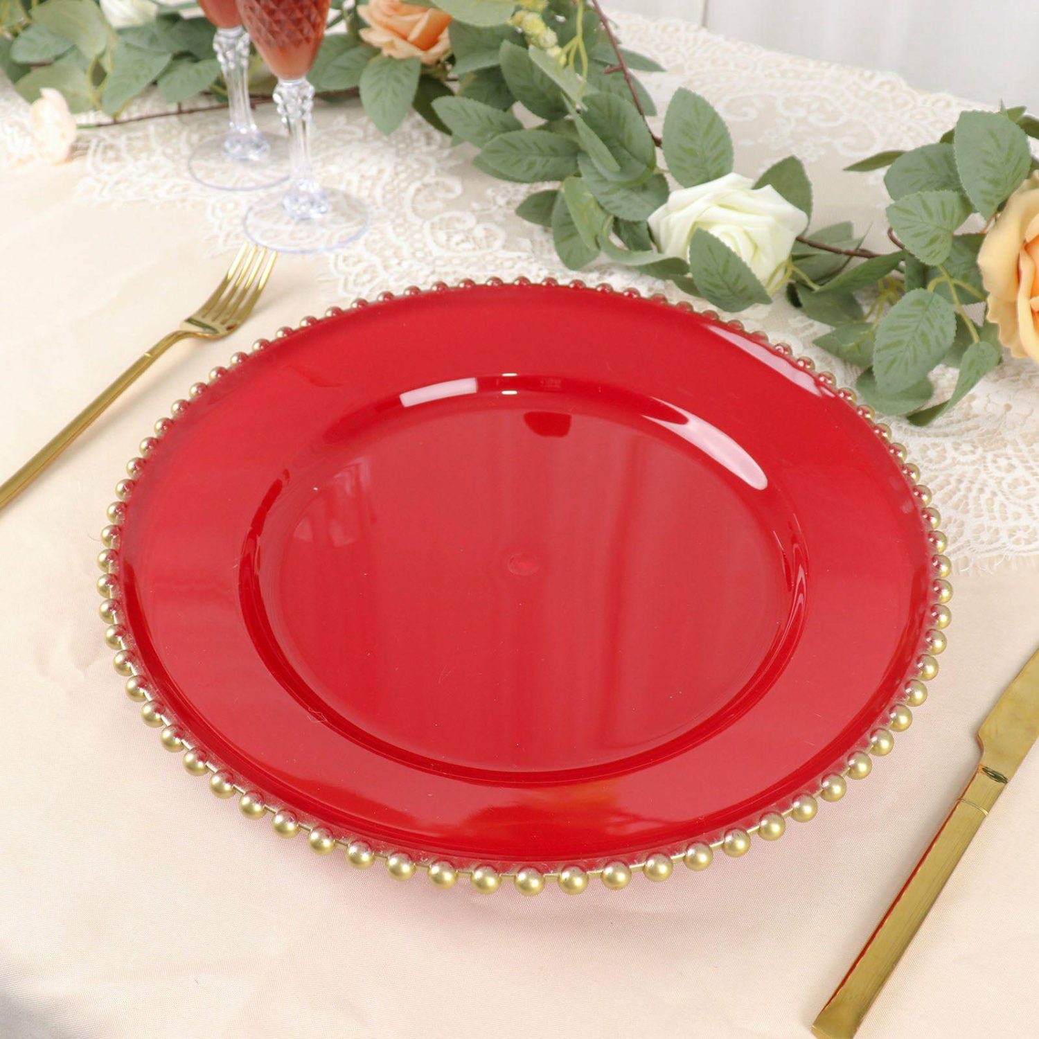 Charger Plates | 6 Pack Red Gold Acrylic Plastic Beaded Rim Charger Plates – 13″ Charger Plates Charger Plates