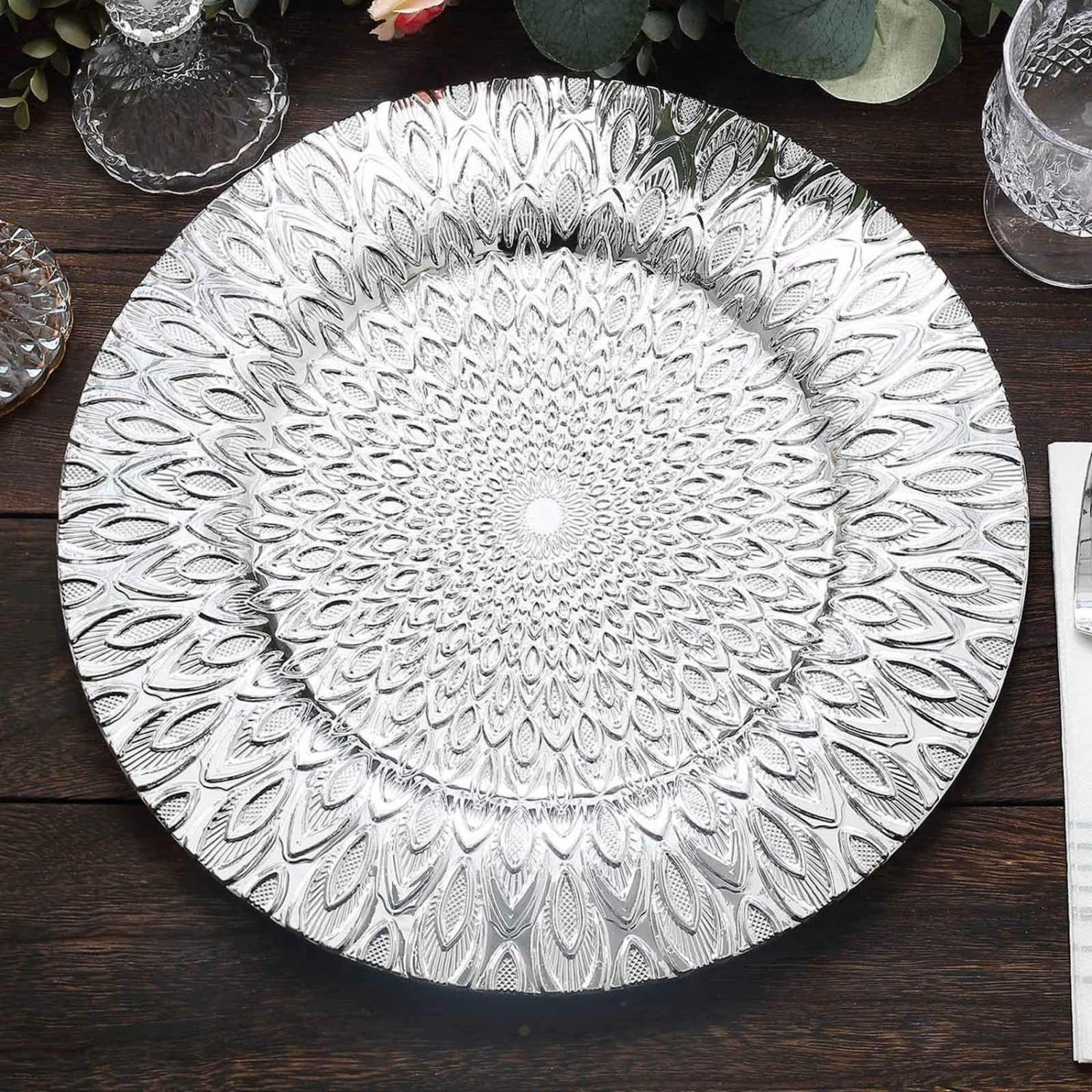 Charger Plates | 6 Pack Silver Embossed Peacock Design Plastic Serving Plates, Round Disposable Charger Plates 13″ Charger Plates Charger Plates