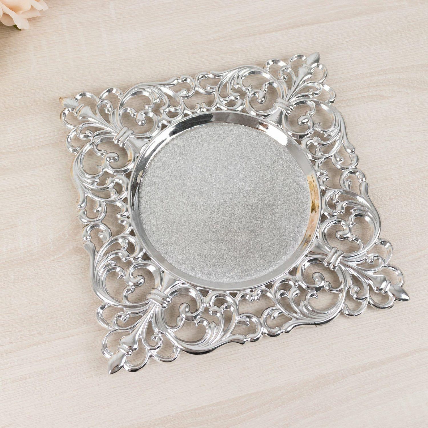 Charger Plates | 6 Pack Silver Square Acrylic Charger Plates with Hollow Lace Border, Dinner Chargers Event Tabletop Decor – 12″ Charger Plates Charger Plates