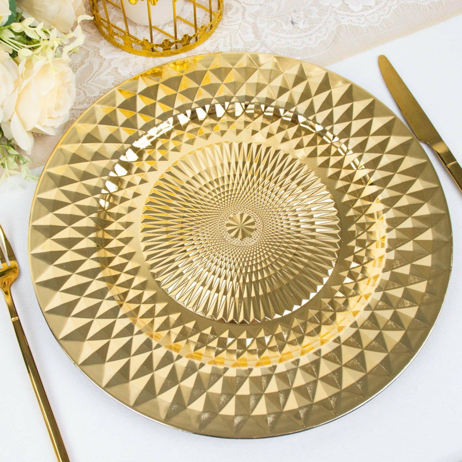 Charger Plates | 6 Pack Sparkling Gold Diamond Disposable Dinner Serving Plates, Shiny Round Plastic Charger Plates 13″ Charger Plates Charger Plates