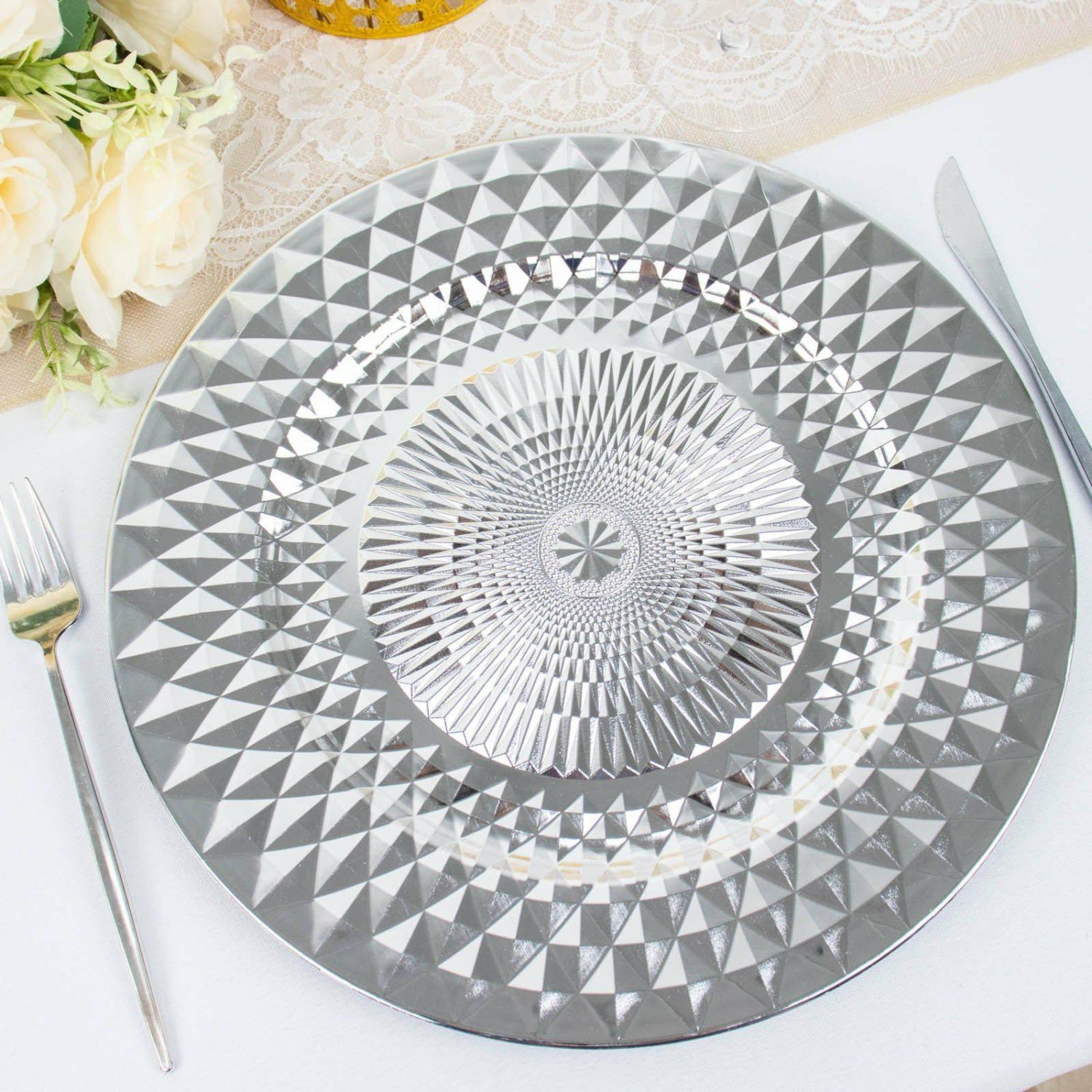 Charger Plates | 6 Pack Sparkling Silver Diamond Disposable Dinner Serving Plates, Shiny Round Plastic Charger Plates 13″ Charger Plates Charger Plates