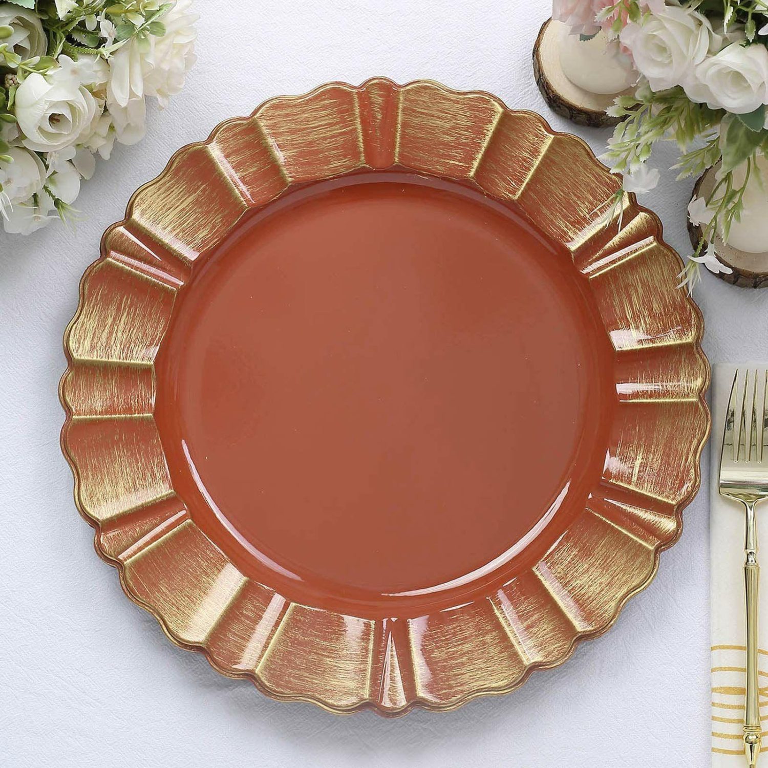 Charger Plates | 6 Pack Terracotta (Rust) Acrylic Plastic Charger Plates With Gold Brushed Wavy Scalloped Rim 13″ Round Charger Plates Charger Plates