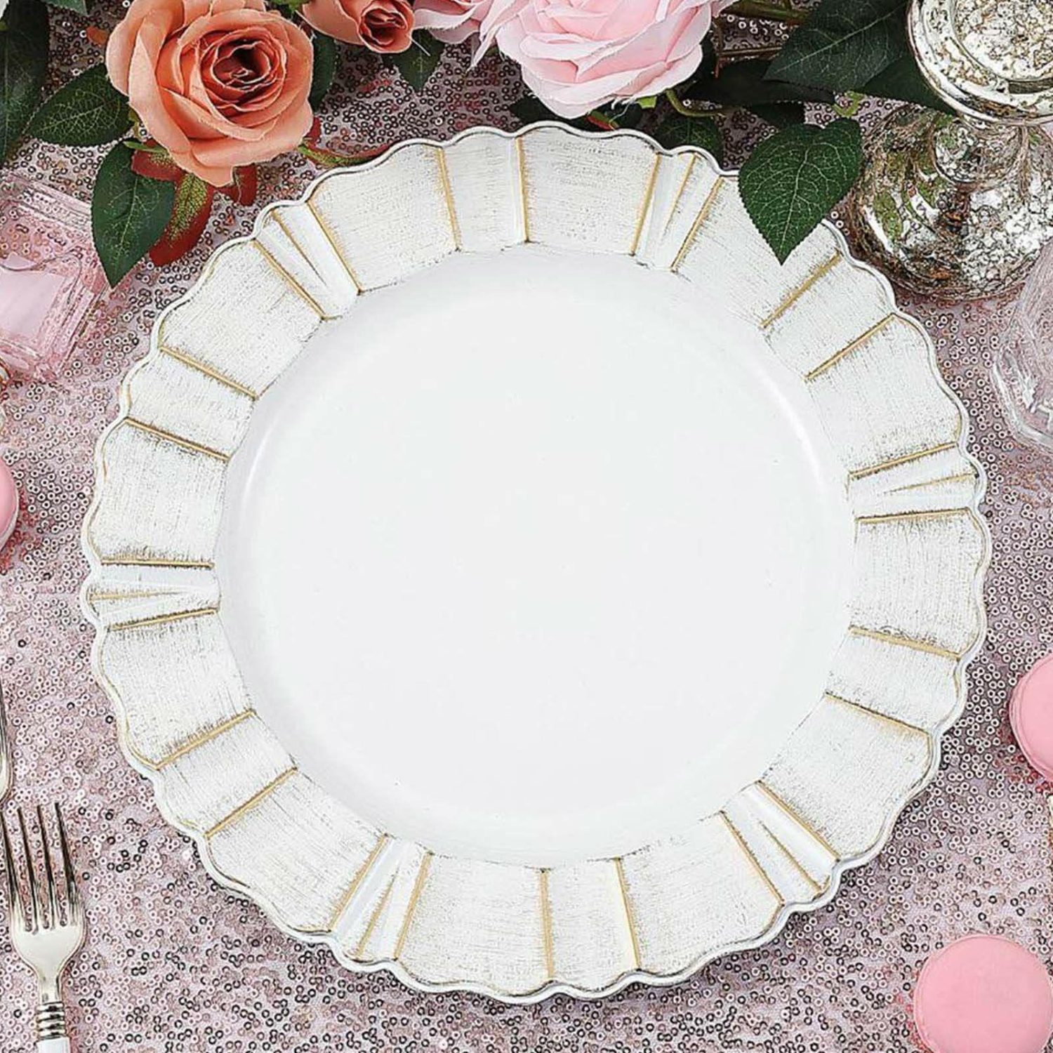 Charger Plates | 6 Pack White Acrylic Plastic Charger Plates With Gold Brushed Wavy Scalloped Rim 13″ Round Charger Plates Charger Plates