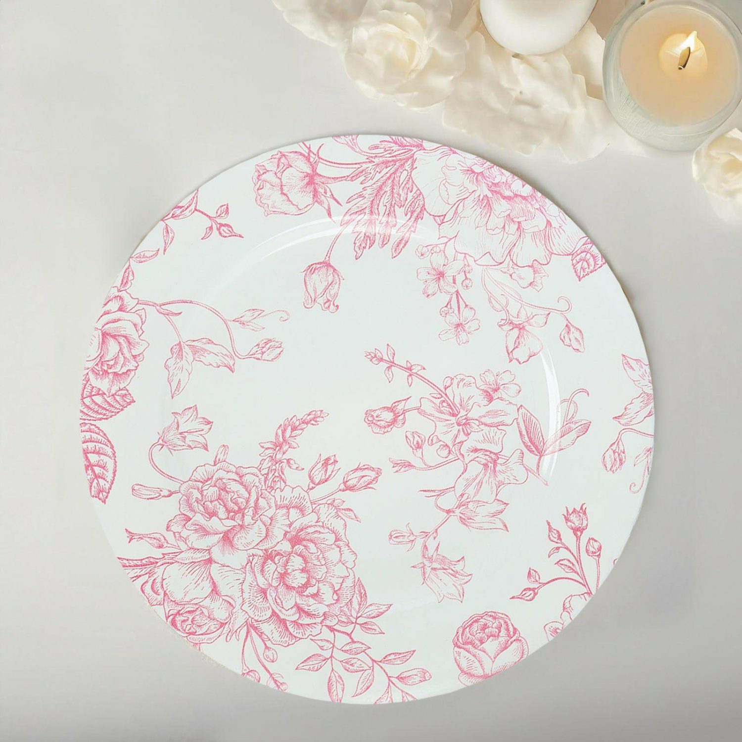 Charger Plates | 6 Pack White Pink Floral Acrylic Charger Plates in French Toile Pattern, Round Dinner Charger Event Tabletop Decor – 13″ Charger Plates Charger Plates