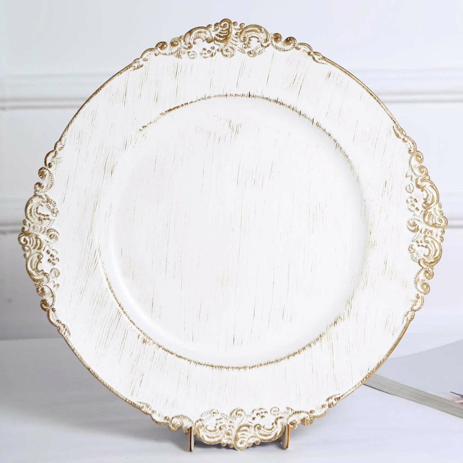 Charger Plates | 6 Pack White Washed Gold Embossed Baroque Charger Plates, Round With Antique Design Rim 13″ Charger Plates Charger Plates