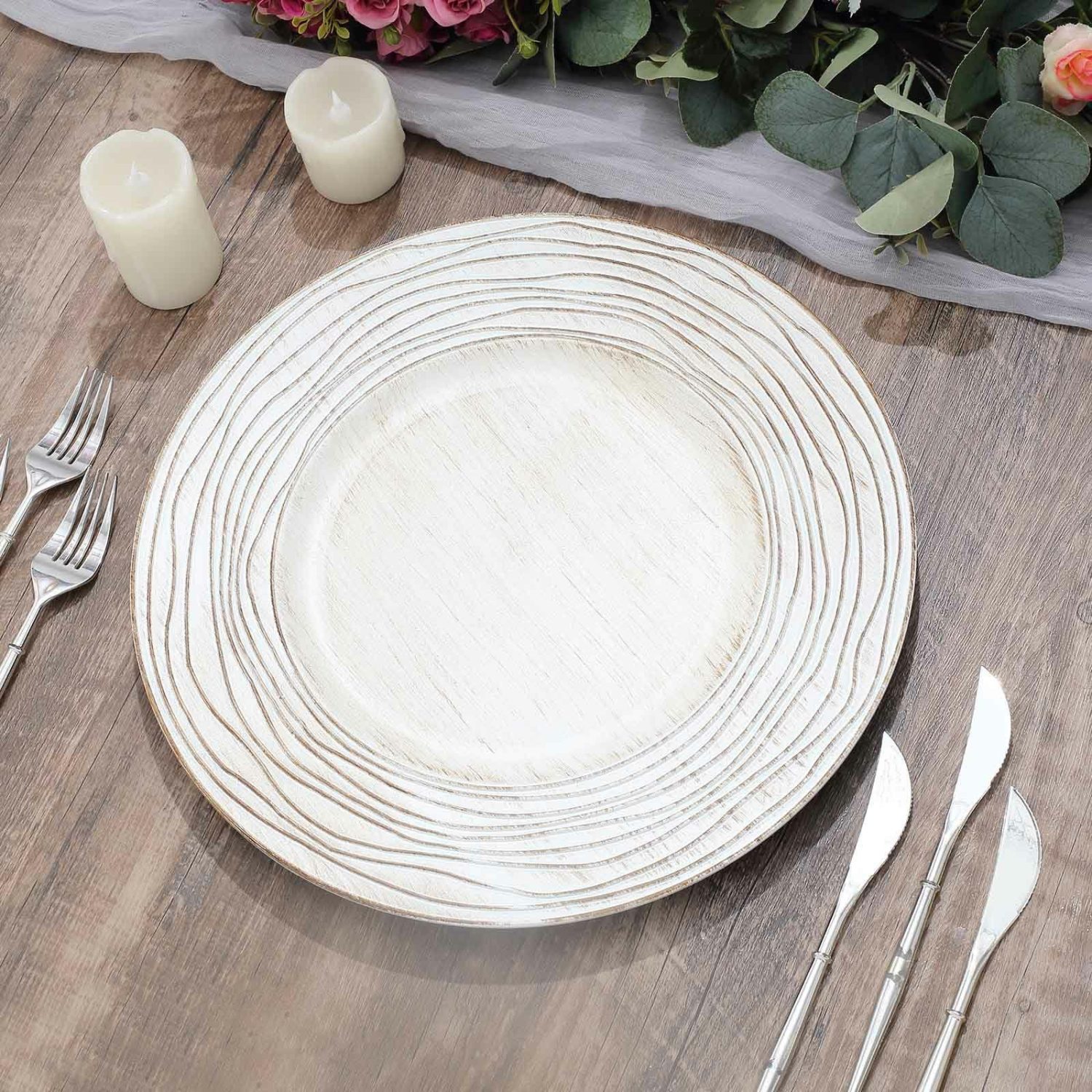 Charger Plates | 6 Pack White Washed Rose Embossed Faux Wood Plastic Charger Trays, Round Disposable Serving Plates 13″ Charger Plates Charger Plates