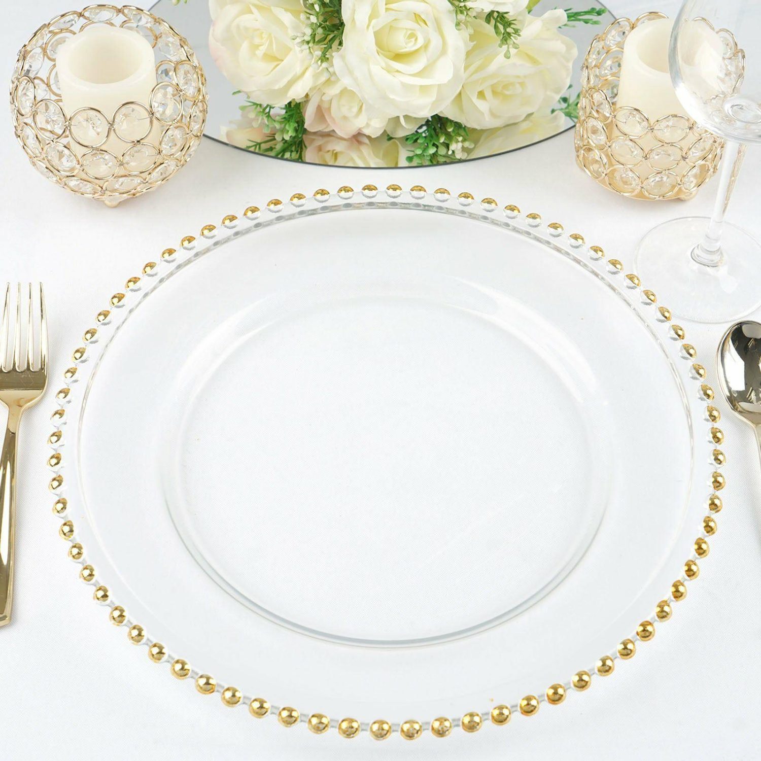 Charger Plates | 8 Pack Gold Beaded Round Glass Charger Plates, Event Tabletop Decor 12″ Display Props Charger Plates