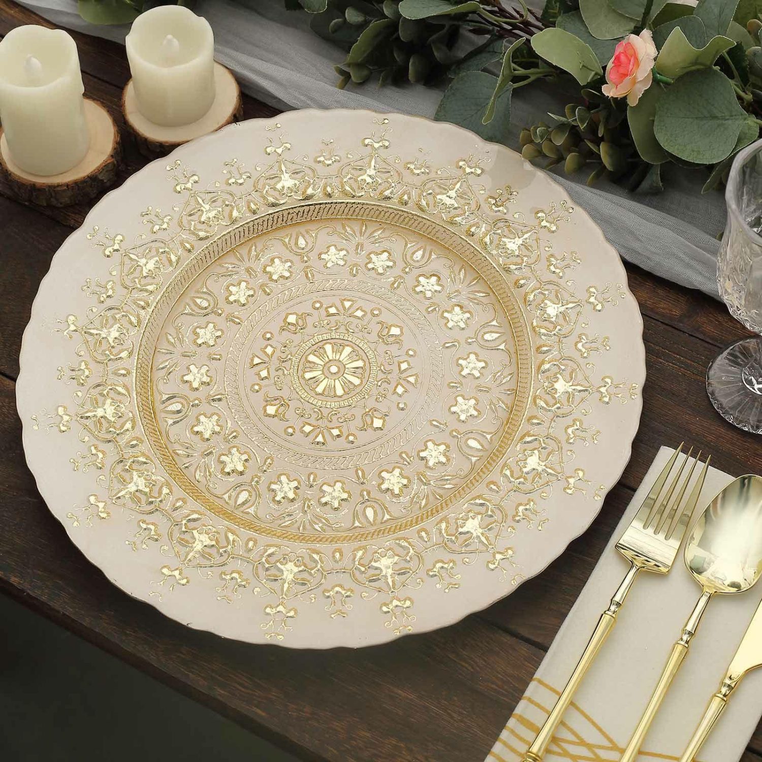 Charger Plates | 8 Pack Gold Monaco Style Glass Table Serving Plates, Ornate Design Dinner Charger Trays 13″ Charger Plates Charger Plates