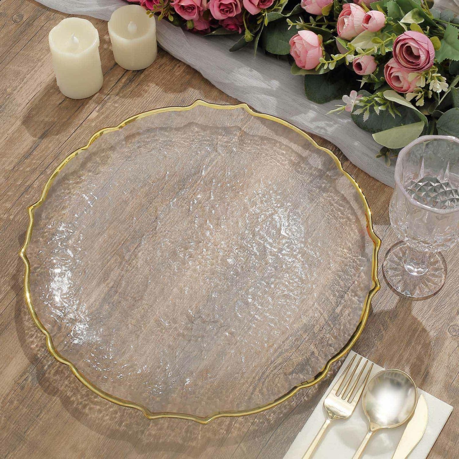 Charger Plates | 8 Pack Gold Sunflower Scalloped Rim Clear Glass Charger Plates 13″ Charger Plates Charger Plates