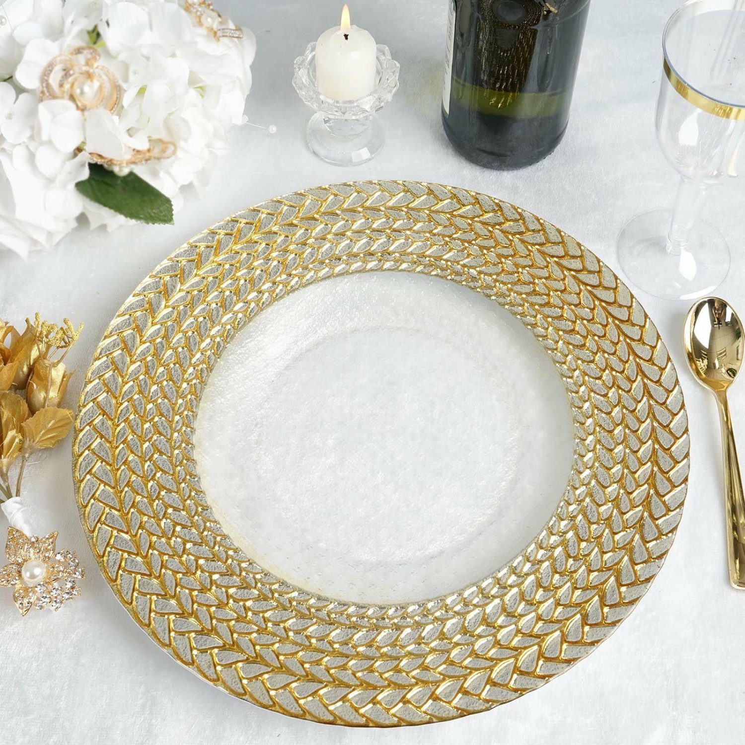 Charger Plates | 8 Pack Luxurious Silver/Gold Braided Rim Glass Charger Plates, Clear Round Charger Plates 13″ Charger Plates Charger Plates