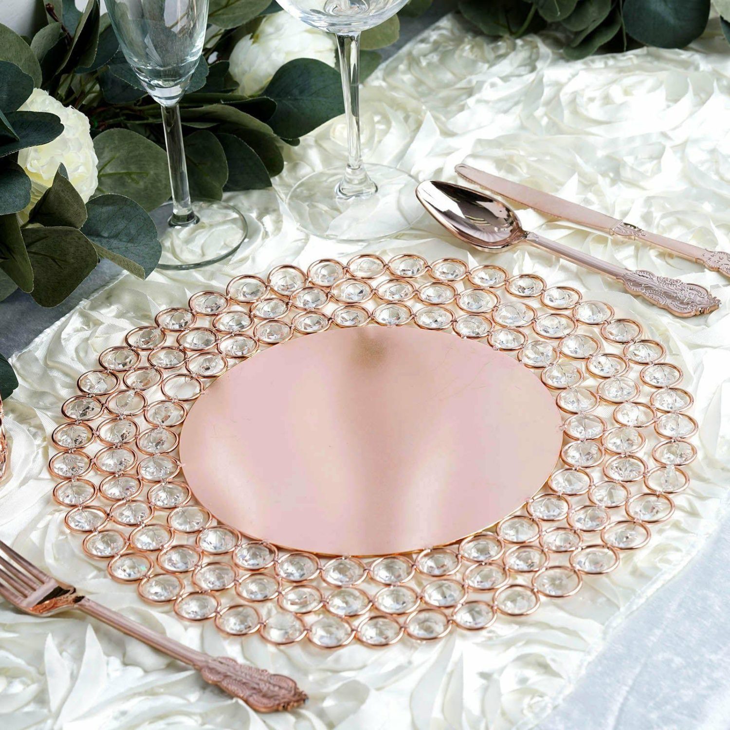 Charger Plates | Rose Gold Wired Metal Acrylic Crystal Beaded Charger Plate 14″ Charger Plates Charger Plates