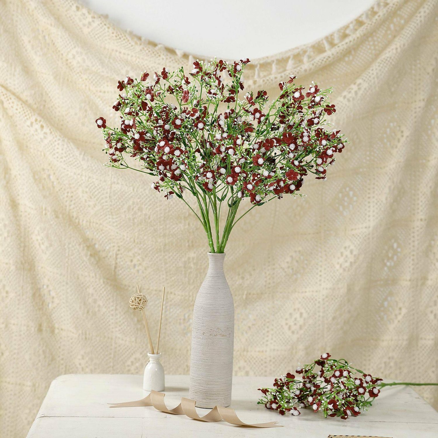 Cherry Blossoms & Baby Breath | 4 Stems Burgundy Artificial Silk Babys Breath Gypsophila Flowers 27″ Artificial Flowers Burgundy