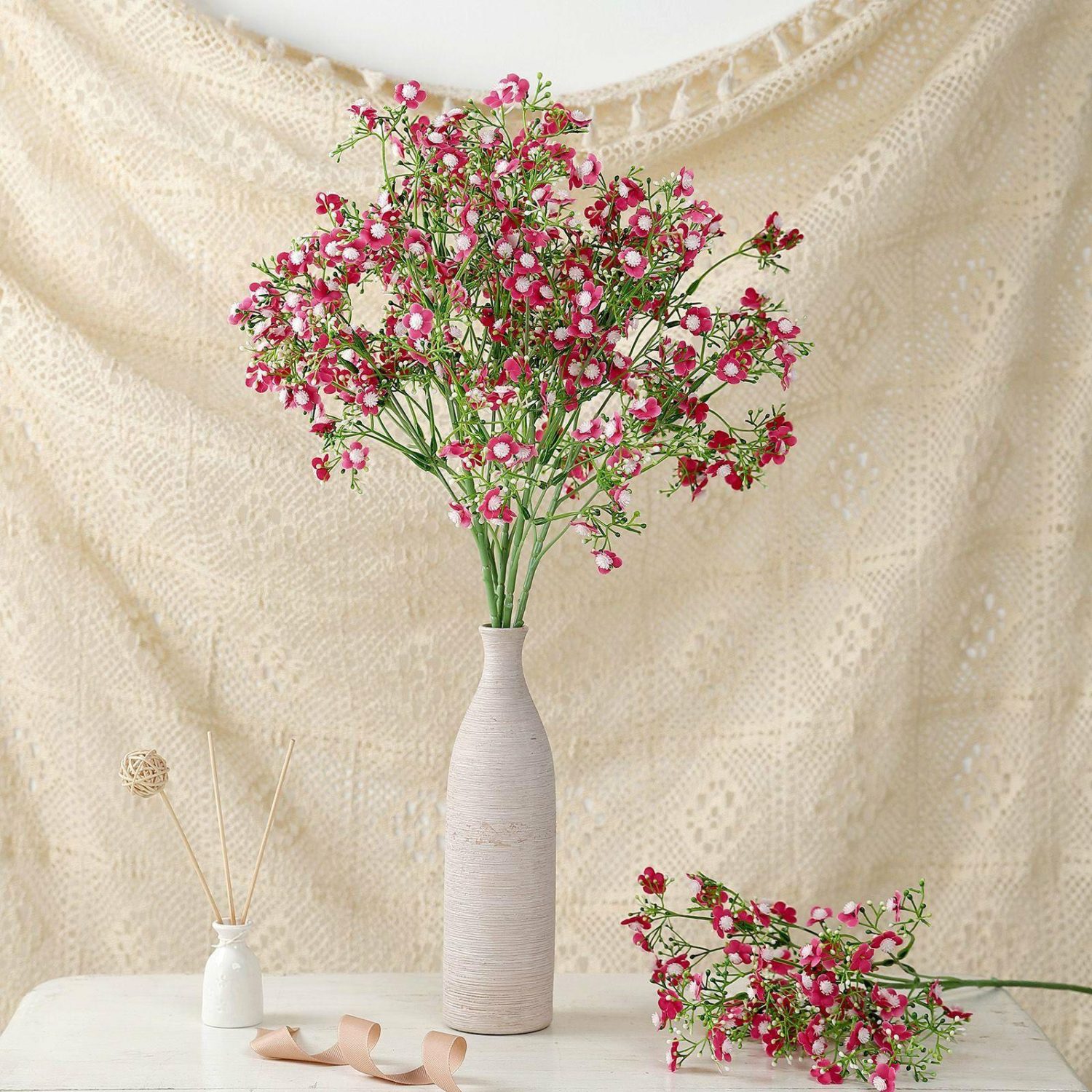 Cherry Blossoms & Baby Breath | 4 Stems Fuchsia Artificial Silk Babys Breath Gypsophila Flowers 27″ Artificial Flowers Cherry Blossoms & Baby Breath