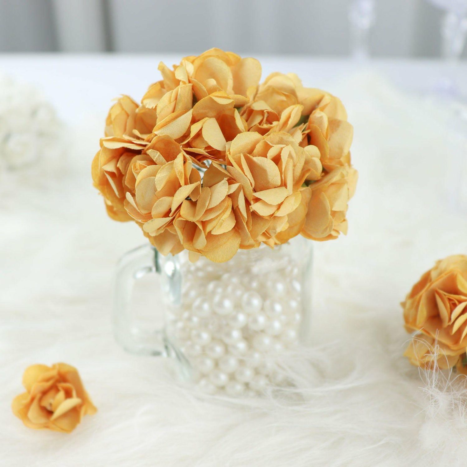 Craft Flowers | 144 Gold Paper Mini Craft Flower Roses, DIY Flower Bushes With Wire Stems Craft Flowers Craft Flowers