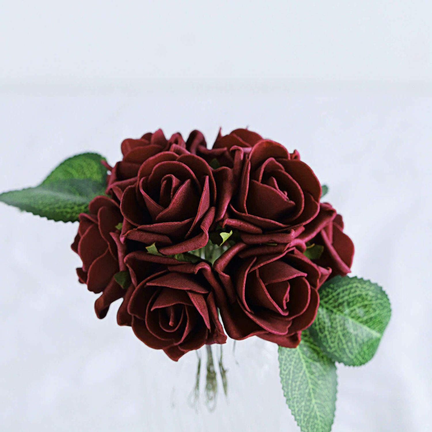 Craft Flowers | 24 Roses Burgundy Artificial Foam Flowers With Stem Wire and Leaves 2″ Craft Flowers Burgundy