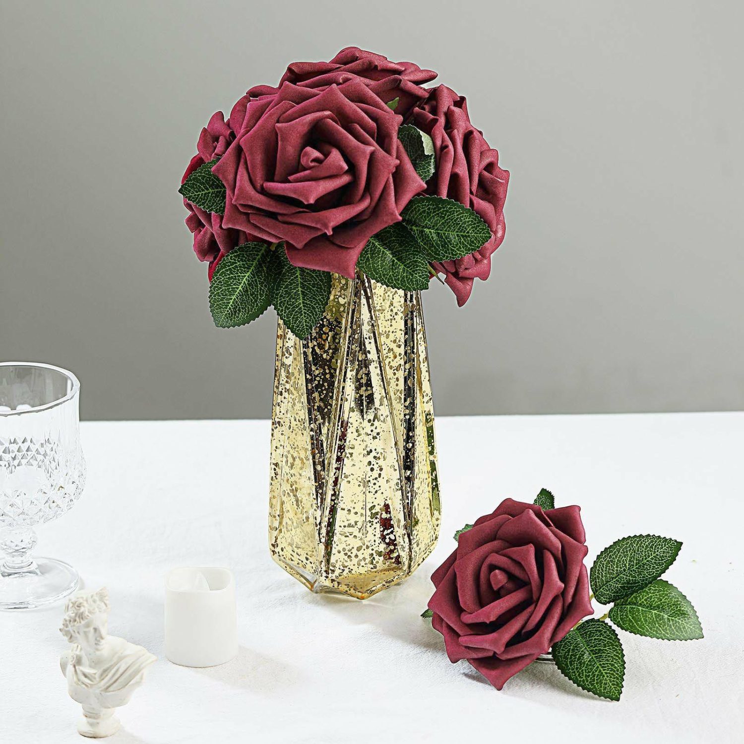 Craft Flowers | 24 Roses Burgundy Artificial Foam Flowers With Stem Wire and Leaves 5″ Craft Flowers Burgundy