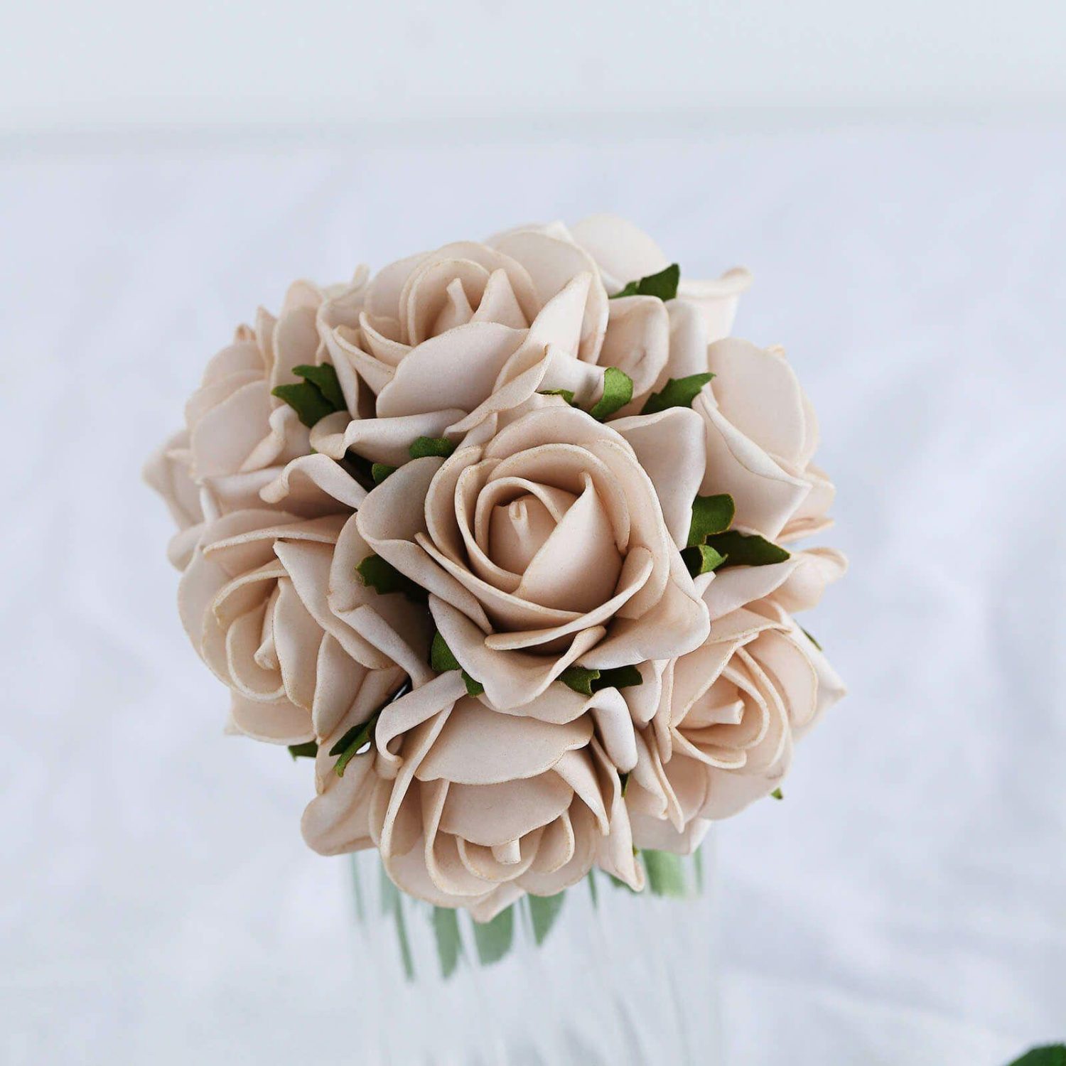 Craft Flowers | 24 Roses Champagne Artificial Foam Flowers With Stem Wire and Leaves 2″ Craft Flowers Champagne