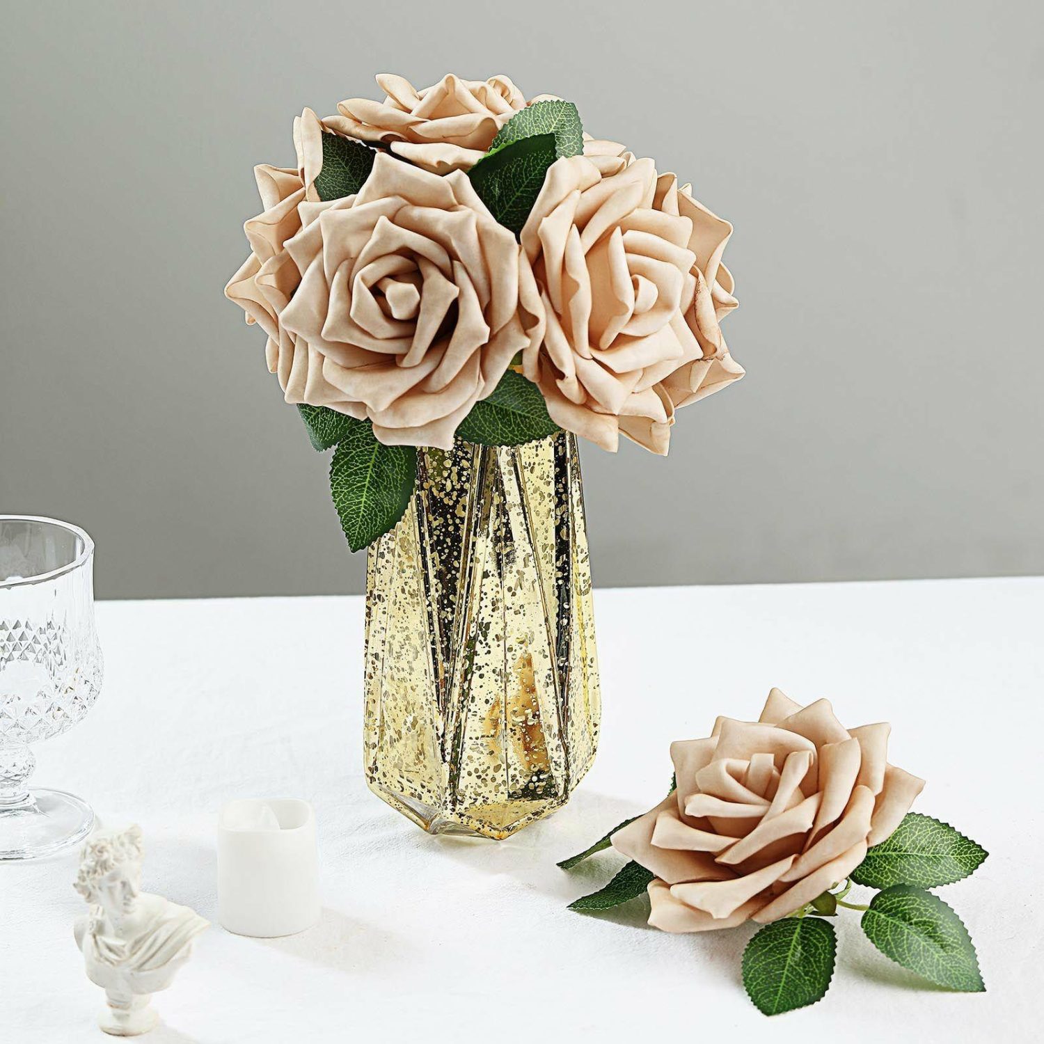 Craft Flowers | 24 Roses Champagne Artificial Foam Flowers With Stem Wire and Leaves 5″ Craft Flowers Champagne