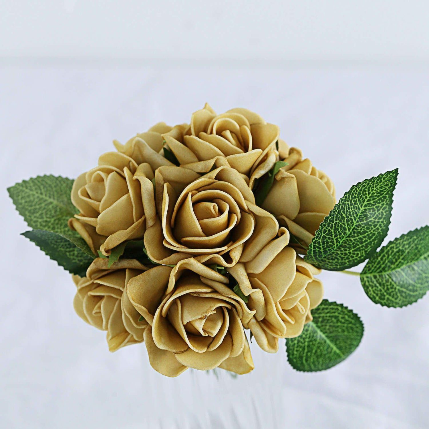 Craft Flowers | 24 Roses Gold Artificial Foam Flowers With Stem Wire and Leaves 2″ Craft Flowers Craft Flowers