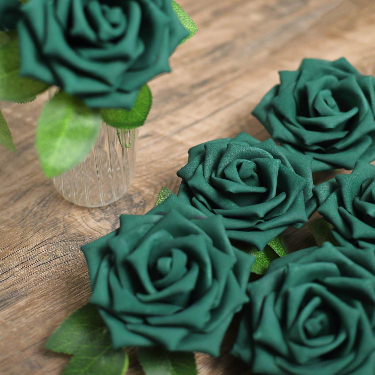 Craft Flowers | 24 Roses Hunter Emerald Green Artificial Foam Flowers With Stem Wire and Leaves 5″ Craft Flowers Craft Flowers