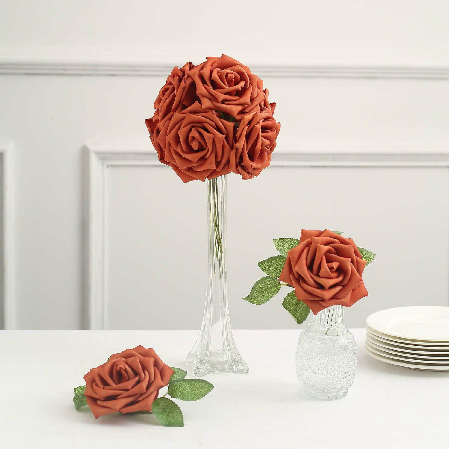 Craft Flowers | 24 Roses Terracotta (Rust) Artificial Foam Flowers With Stem Wire and Leaves 5″ Craft Flowers Craft Flowers