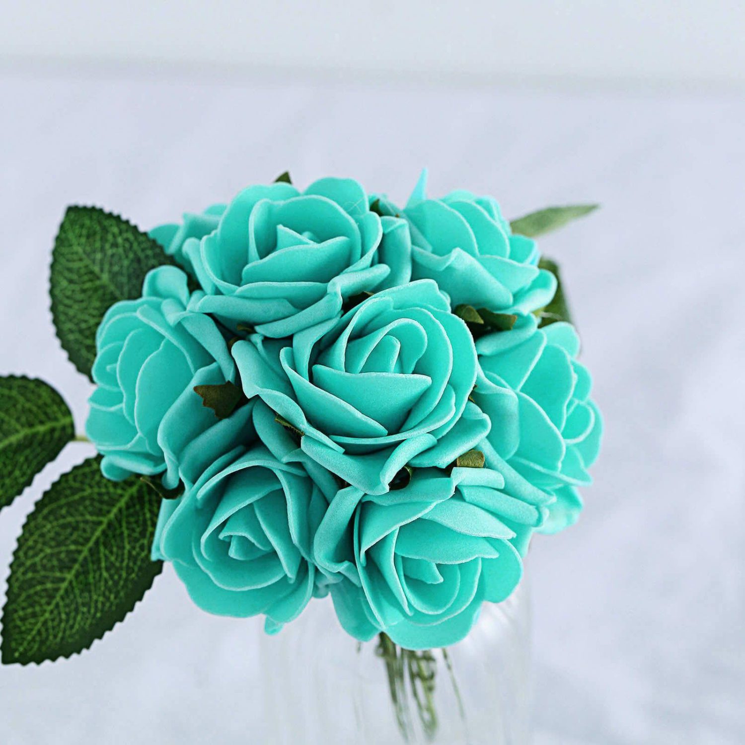 Craft Flowers | 24 Roses Turquoise Artificial Foam Flowers With Stem Wire and Leaves 2″ Craft Flowers Craft Flowers