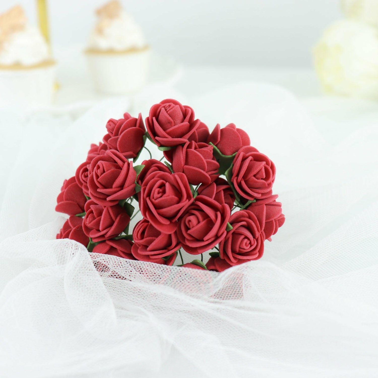 Craft Flowers | 48 Roses Burgundy Real Touch Artificial DIY Foam Rose Flowers With Stem, Craft Rose Buds 1″ Craft Flowers Burgundy