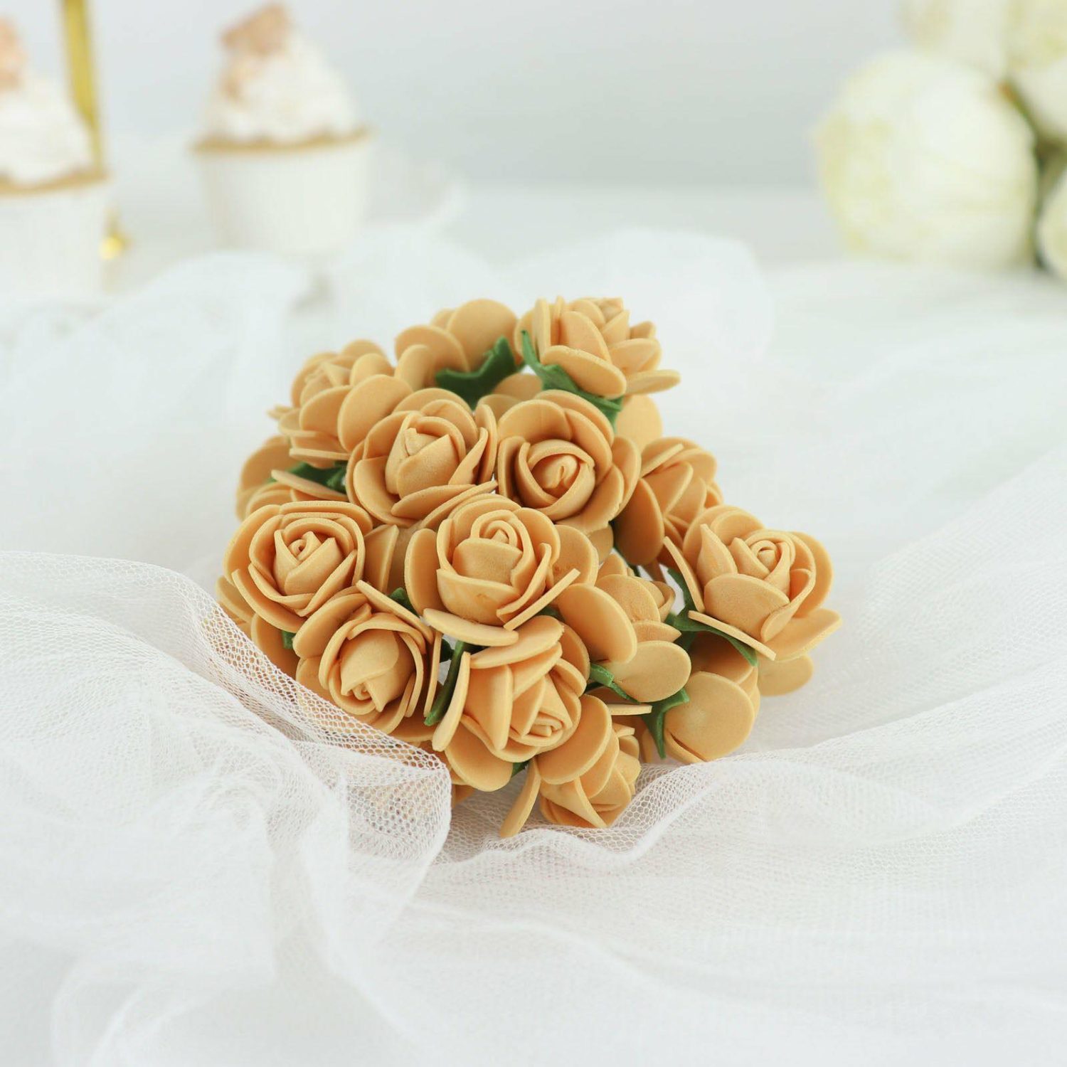 Craft Flowers | 48 Roses Gold Real Touch Artificial DIY Foam Rose Flowers With Stem, Craft Rose Buds 1″ Craft Flowers Craft Flowers