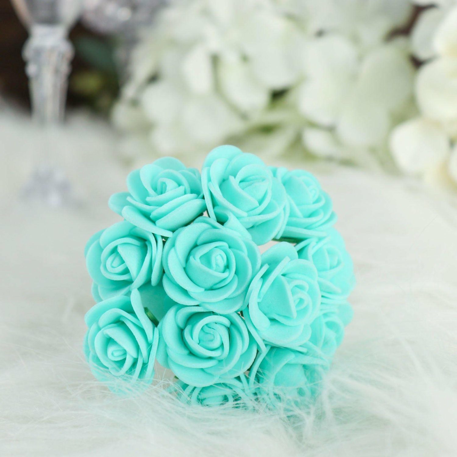 Craft Flowers | 48 Roses Turquoise Real Touch Artificial DIY Foam Rose Flowers With Stem, Craft Rose Buds 1″ Craft Flowers Craft Flowers