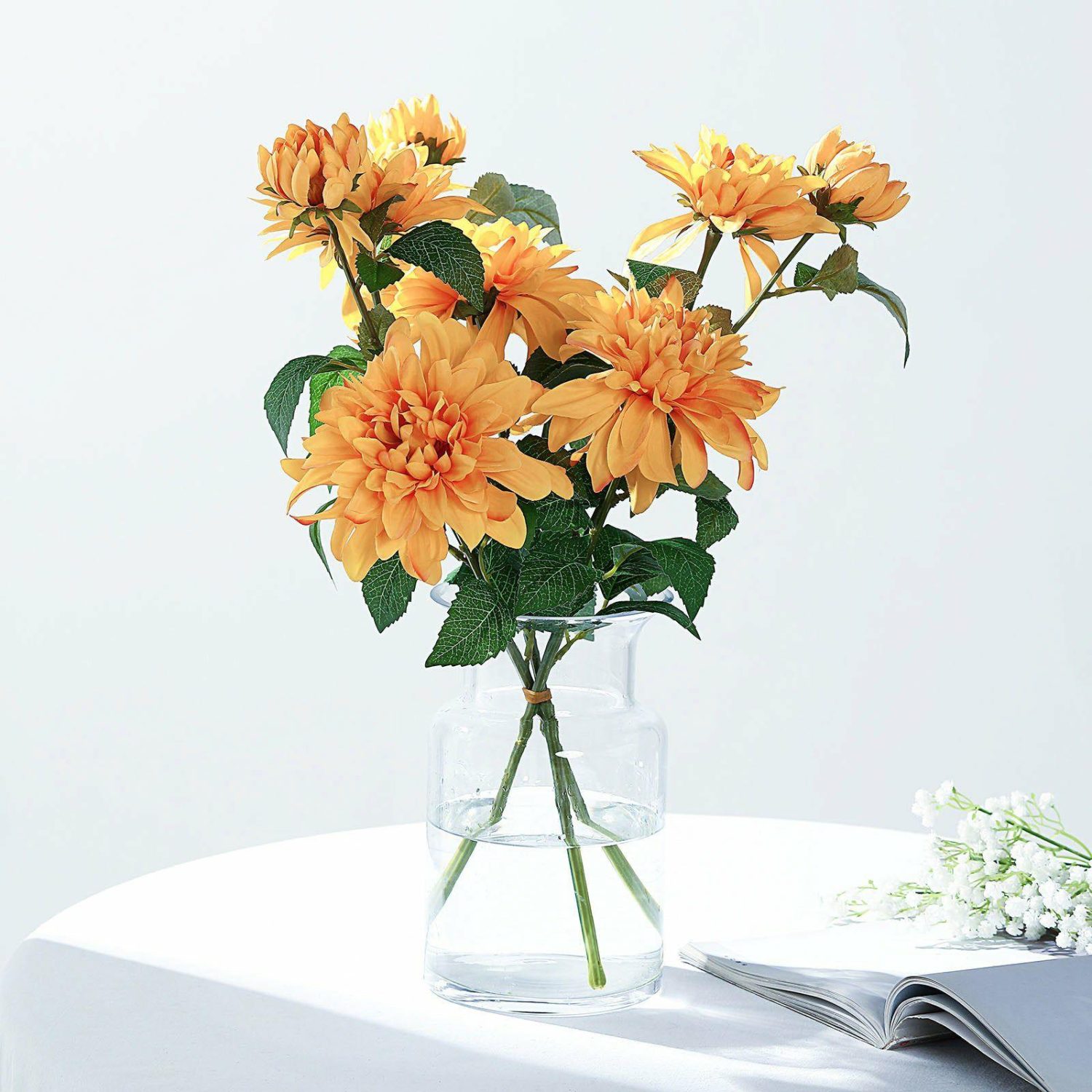 Dahlia & Daisy | Orange Artificial Dahlia Silk Flower Stems, Faux Floral Spray 30″ Tall Artificial Flowers Dahlia & Daisy