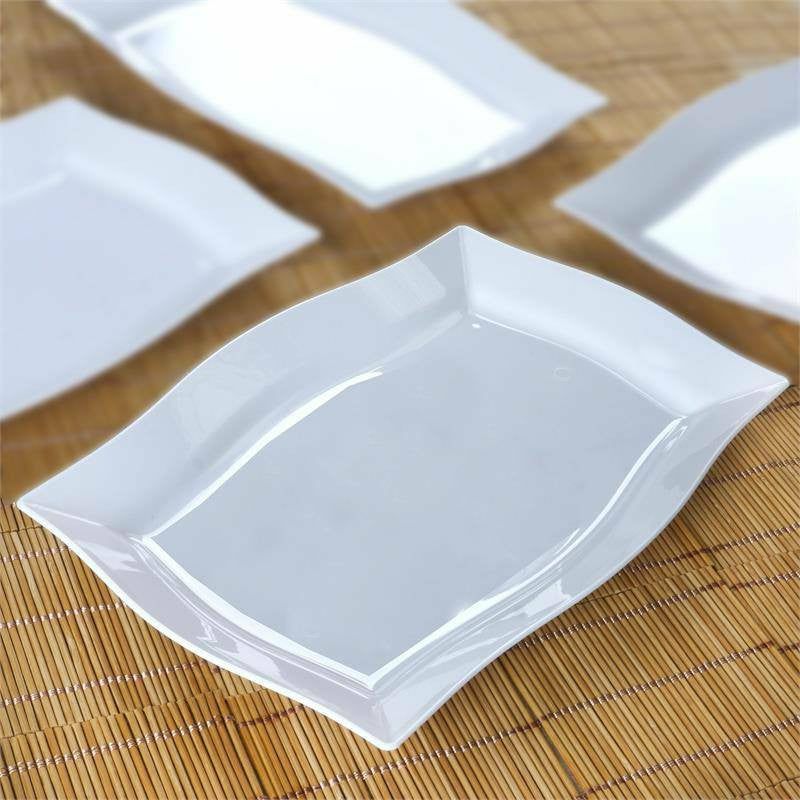 Decorative Trays | 10 Pack Glossy White Plastic Rectangular Serving Plates With Wave Trimmed Rim 12″ Chargers Decorative Trays