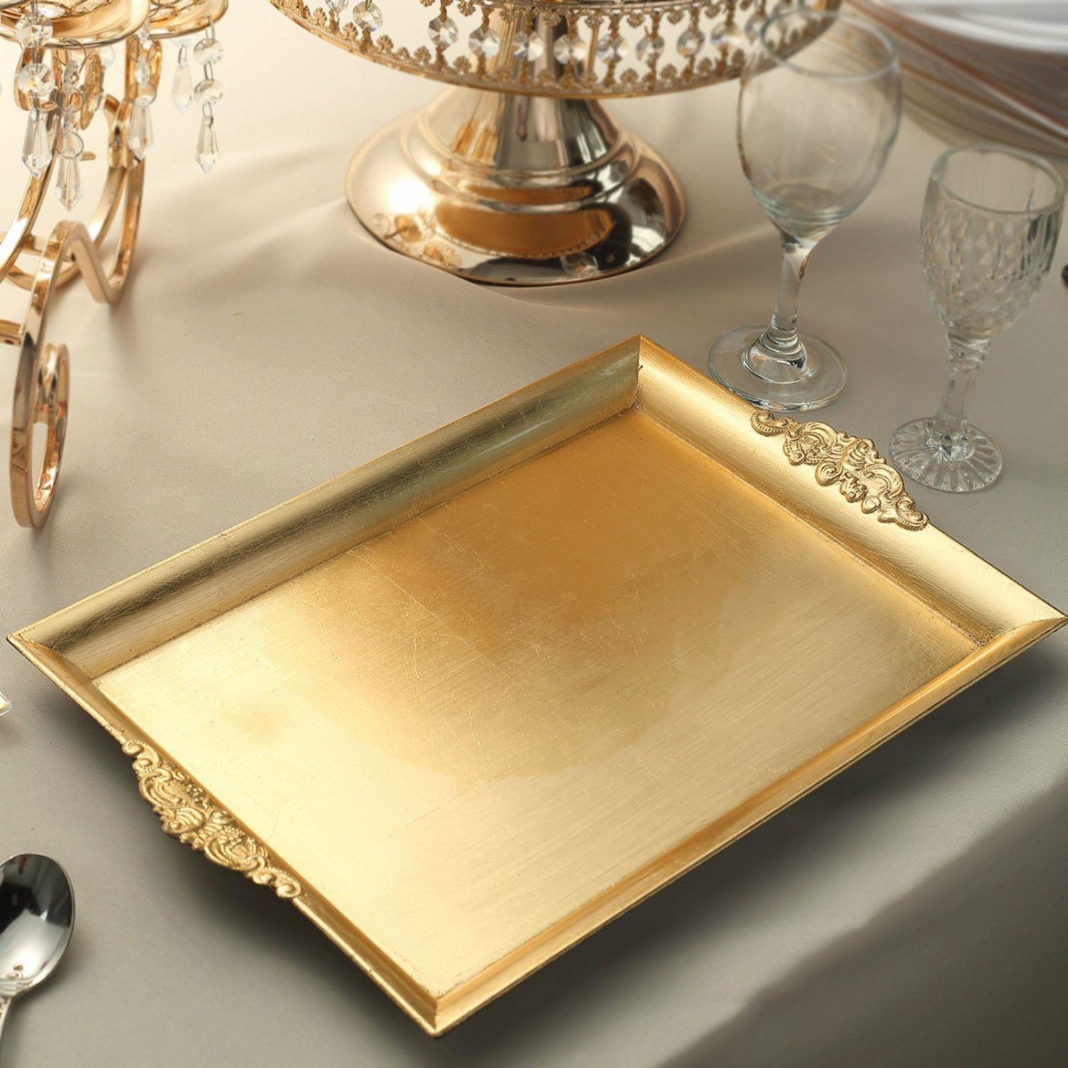 Decorative Trays | 2 Pack Gold Rectangle Decorative Acrylic Serving Trays With Embossed Rims 14″x10″ Chargers Decorative Trays