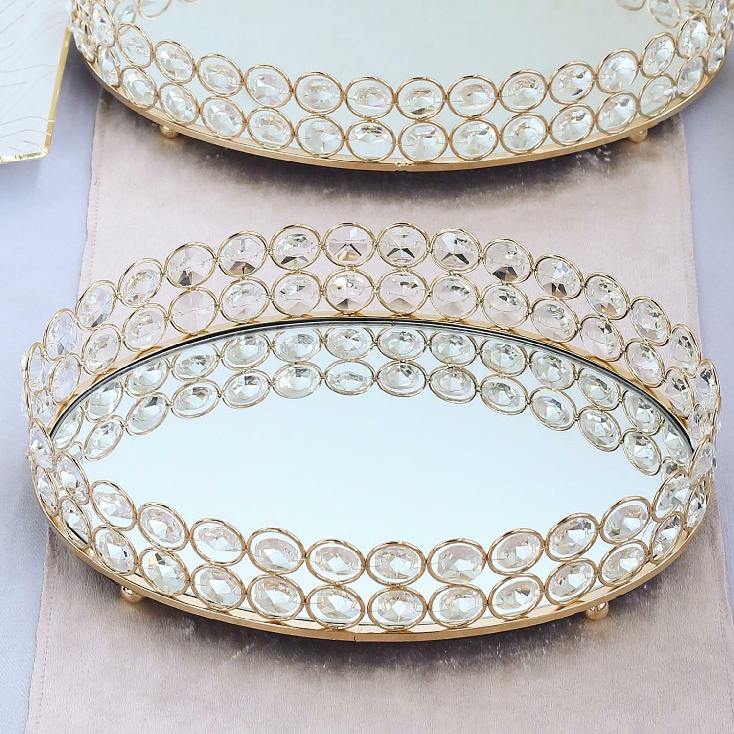 Decorative Trays | Gold Metal Crystal Beaded Mirror Oval Vanity Serving Tray, Decorative Tray Small 12″x8″ Chargers Decorative Trays