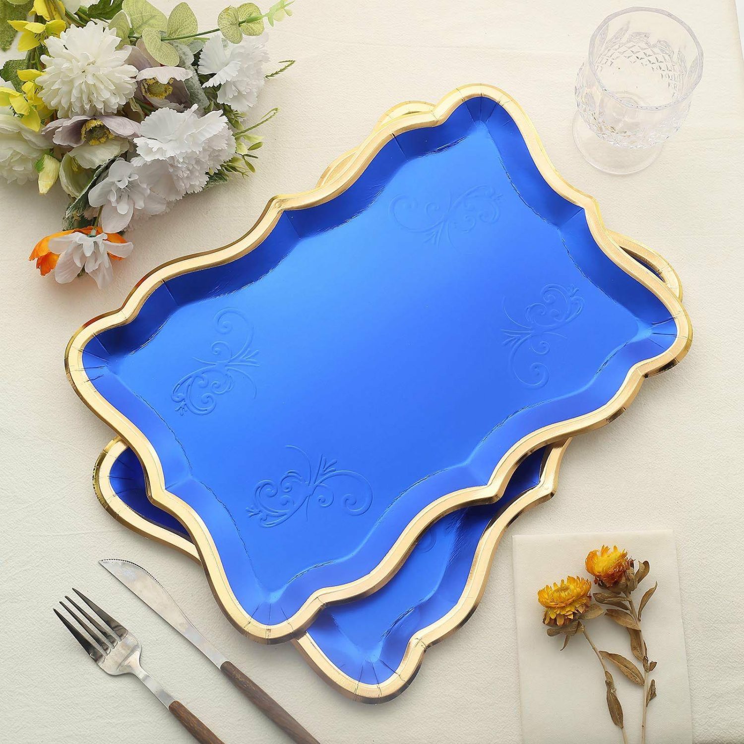 Decorative Trays & Jars | 10 Pack Elegant Royal Blue / Gold Rim Disposable Serving Trays, Heavy Duty 400 GSM Paper Rectangular Party Platters 14″x10″ Cake & Dessert Table Decorative Trays & Jars