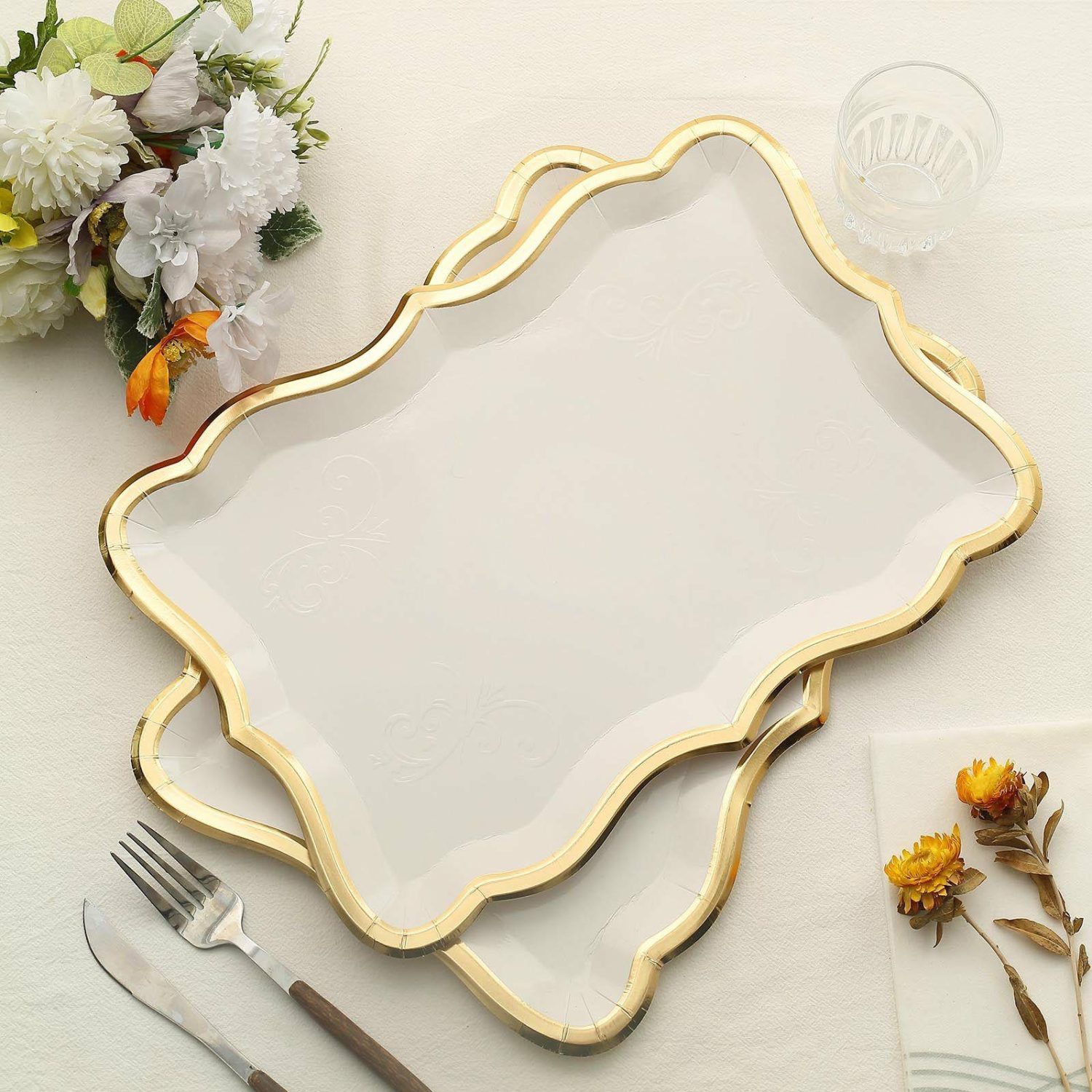 Decorative Trays & Jars | 10 Pack Elegant White / Gold Rim Disposable Serving Trays, Heavy Duty 400 GSM Paper Rectangular Party Platters 14″x10″ Cake & Dessert Table Decorative Trays & Jars