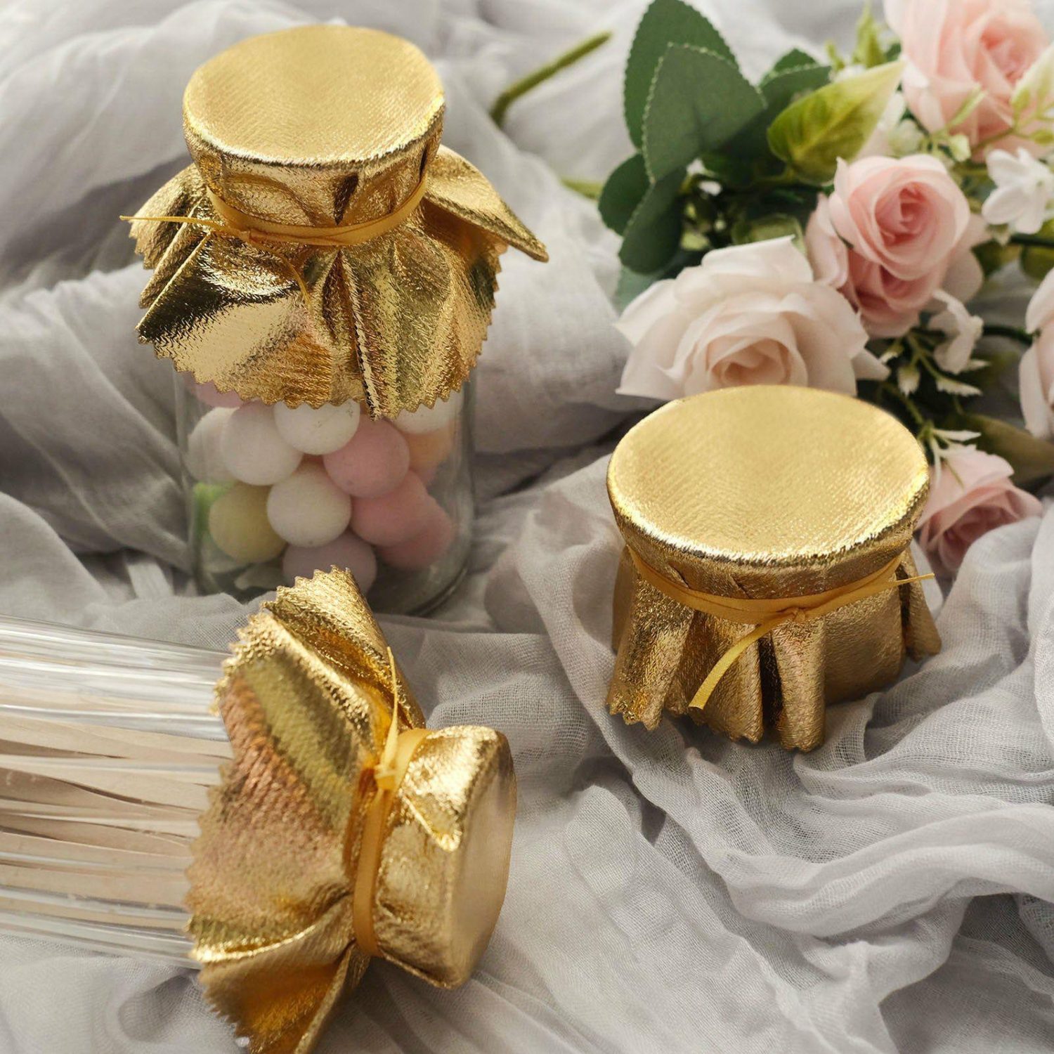 Decorative Trays & Jars | 6 Pack Metallic Gold Round Lame Fabric Party Favor Jar Covers DIY With Satin Tie String, Craft Supplies 6″ Cake & Dessert Table Decorative Trays & Jars