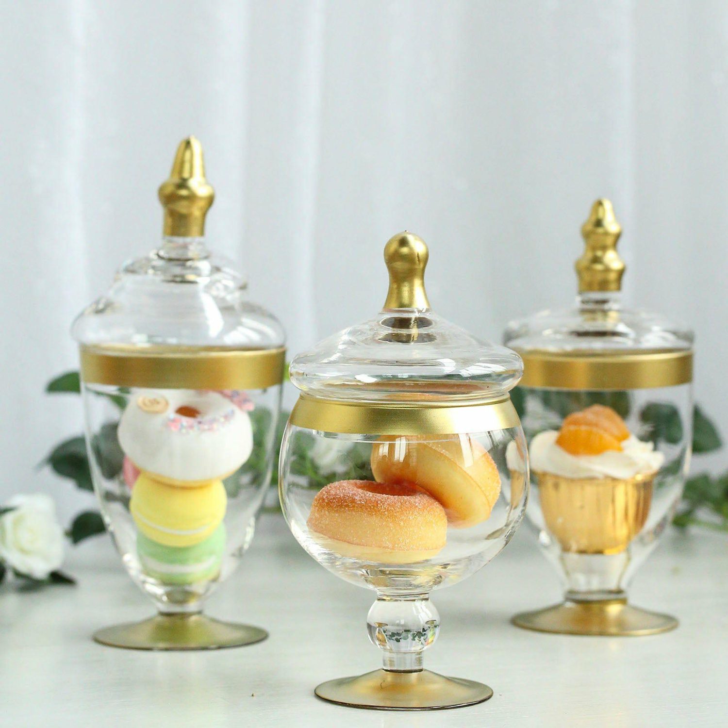 Decorative Trays & Jars | Set of 3 Gold Trim Clear Glass Apothecary Party Favor Candy Jars With Snap On Lids 9″/9″/8″ Cake & Dessert Table Decorative Trays & Jars