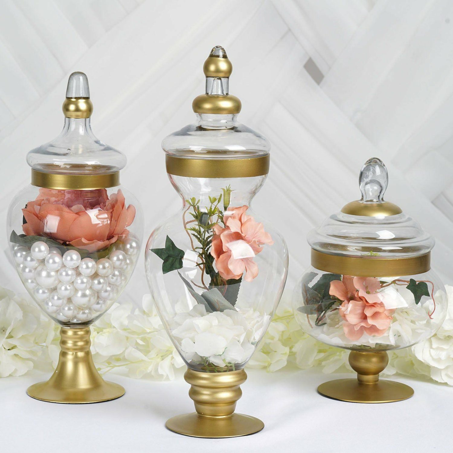 Decorative Trays & Jars | Set of 3 Large Gold Trim Glass Apothecary Party Favor Candy Jars With Snap On Lids 10″/14″/16″ Cake & Dessert Table Decorative Trays & Jars