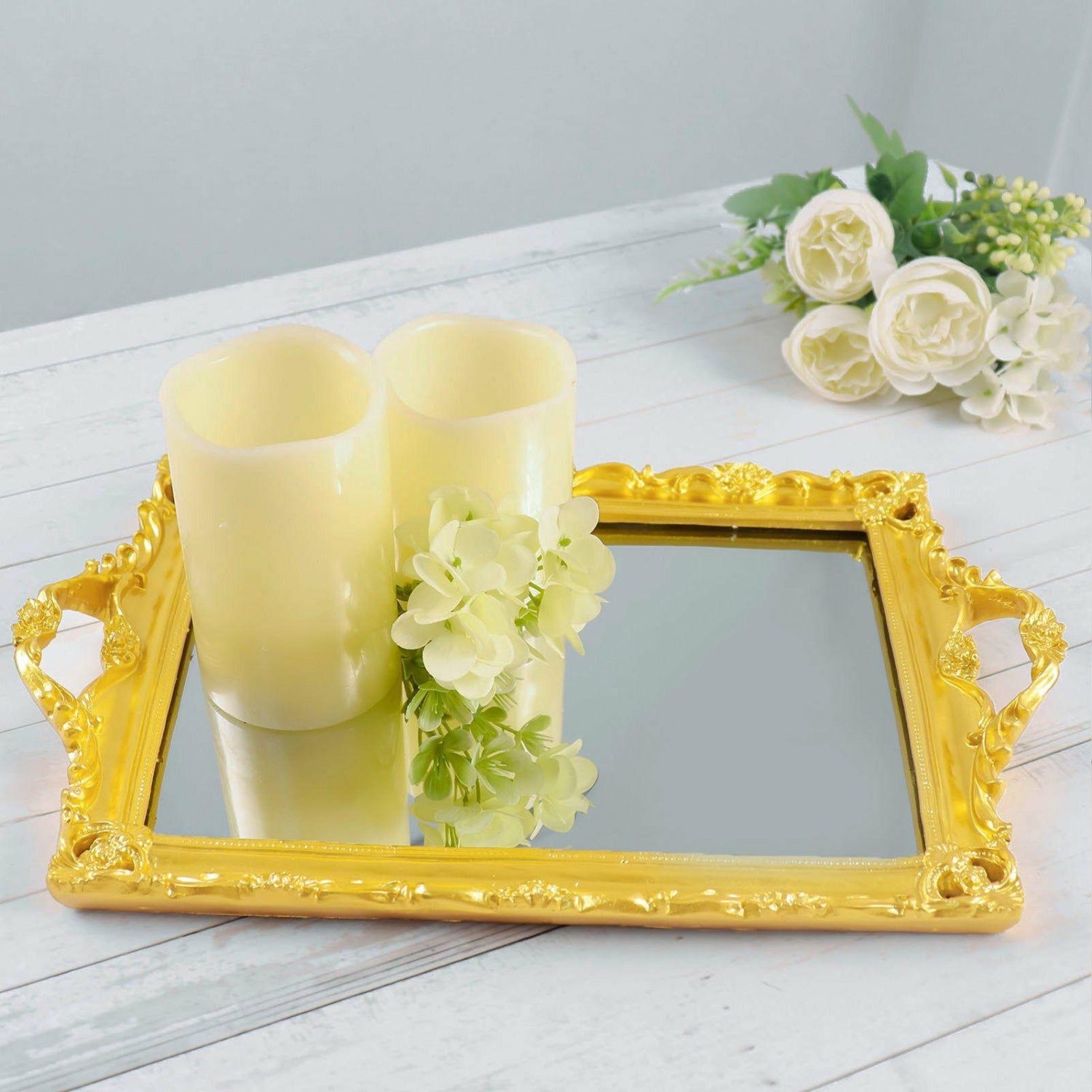 Decorative Trays | Metallic Gold Resin Decorative Vanity Serving Tray, Rectangle Mirrored Tray 15″x10″ Chargers Decorative Trays