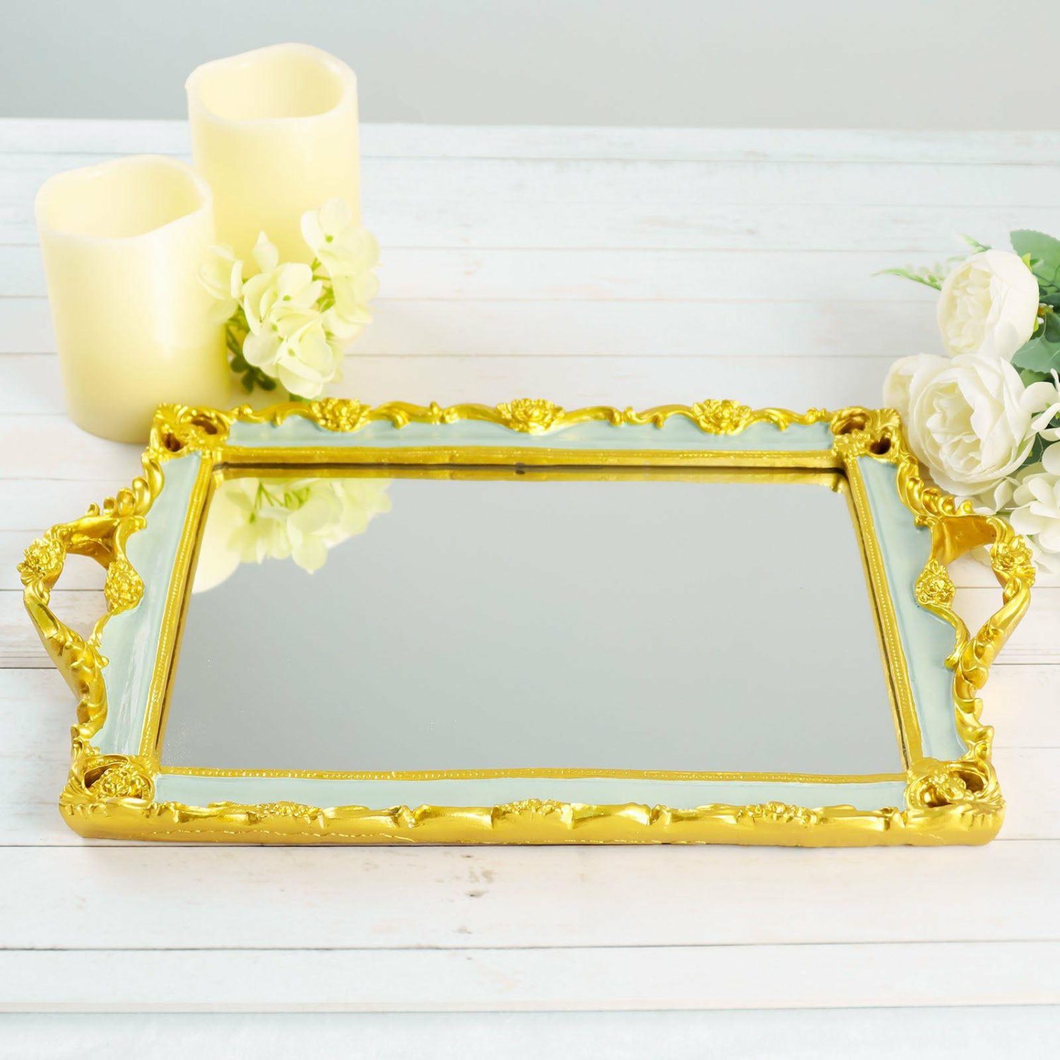 Decorative Trays | Metallic Gold/Mint Green Resin Decorative Vanity Serving Tray, Rectangle Mirrored Tray 15″x10″ Chargers Decorative Trays