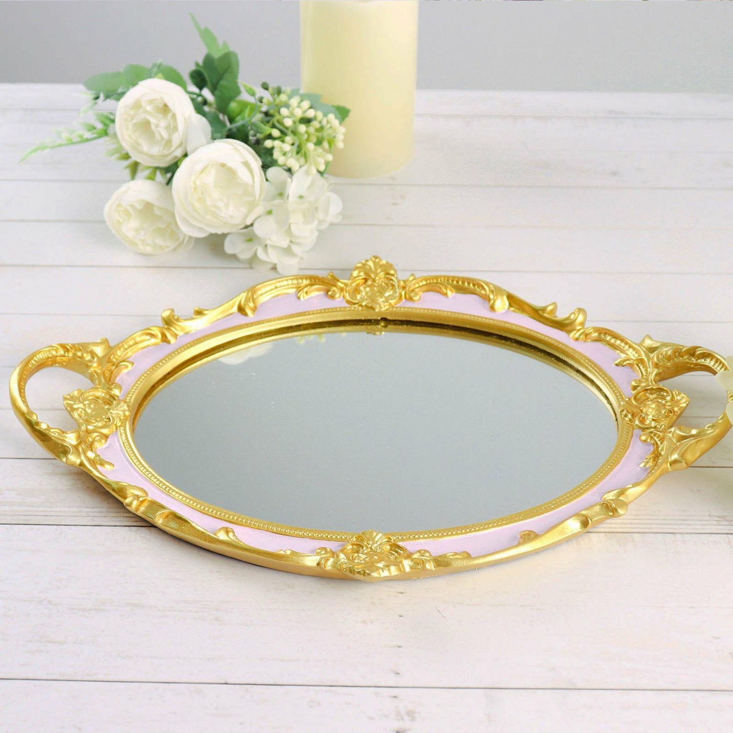 Decorative Trays | Metallic Gold/Pink Oval Resin Decorative Vanity Serving Tray, Mirrored Tray with Handles 14″x10″ Chargers Decorative Trays