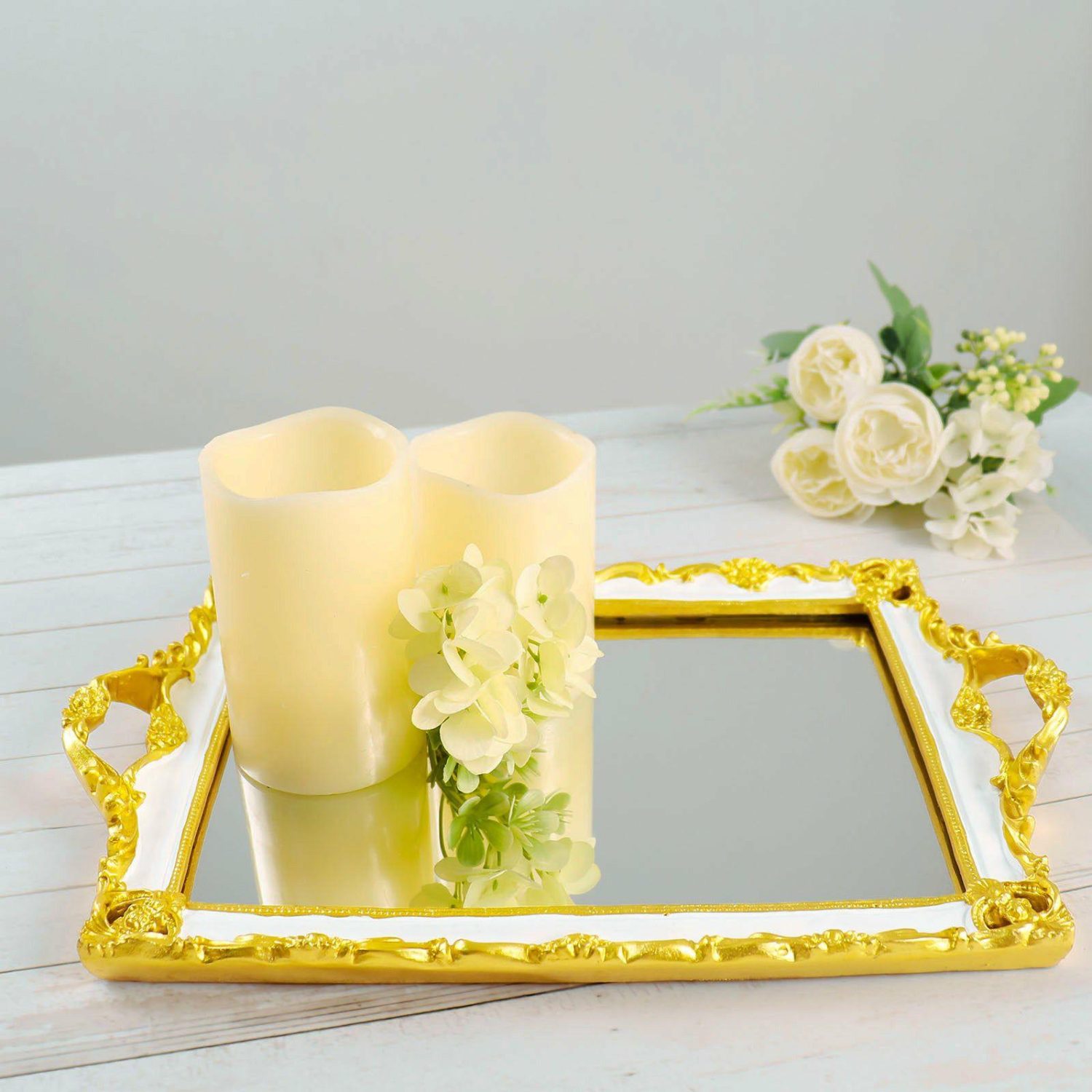 Decorative Trays | Metallic Gold/White Resin Decorative Vanity Serving Tray, Rectangle Mirrored Tray 15″x10″ Chargers Decorative Trays