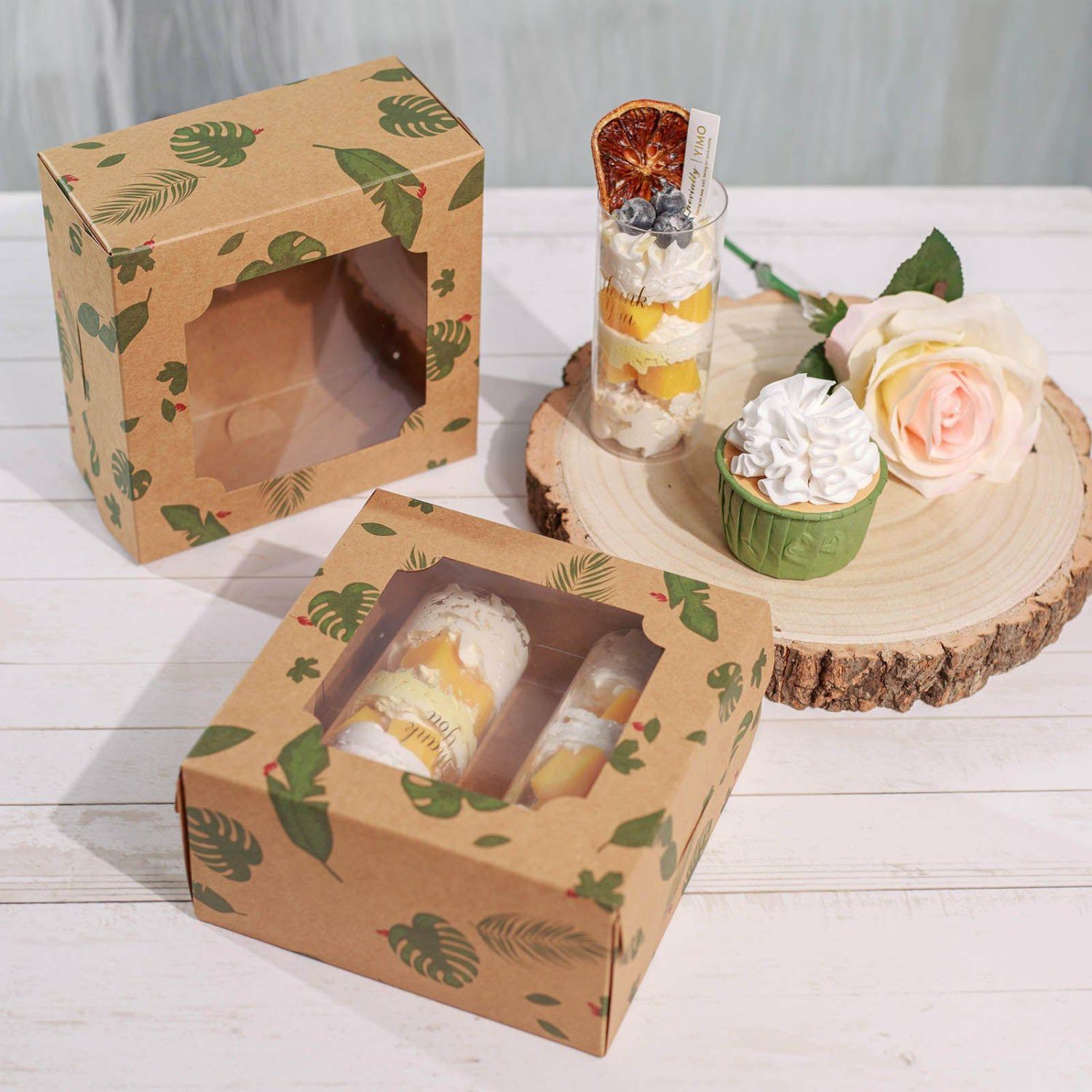 Dessert Servewares | 12 Pack Tropical Leaf Cardboard Bakery Cake Pie Cupcake Box 6″x6″x3″ Cake & Dessert Table Dessert Servewares