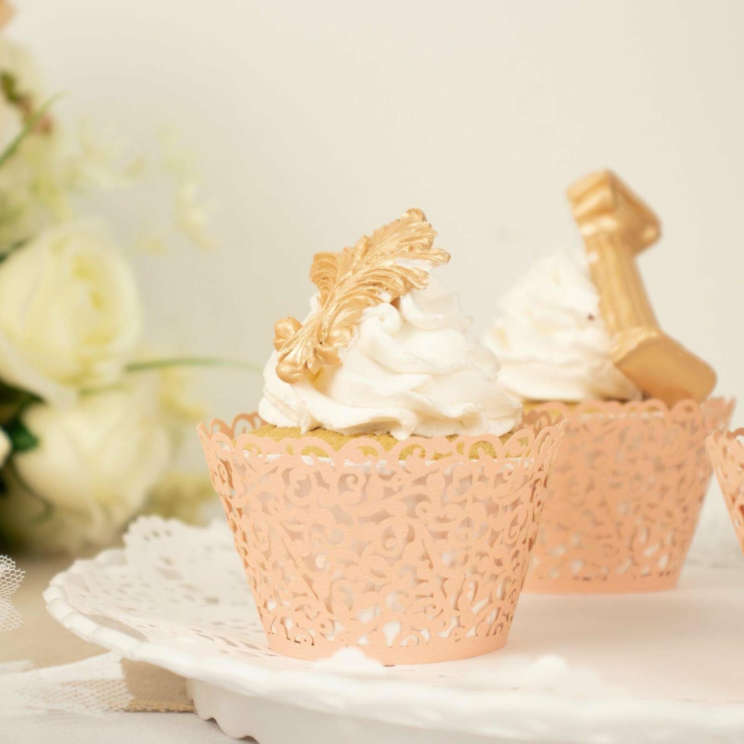 Dessert Servewares | 25 Pack Blush Lace Laser Cut Paper Cupcake Wrappers, Muffin Baking Cup Trays Cake & Dessert Table Blush