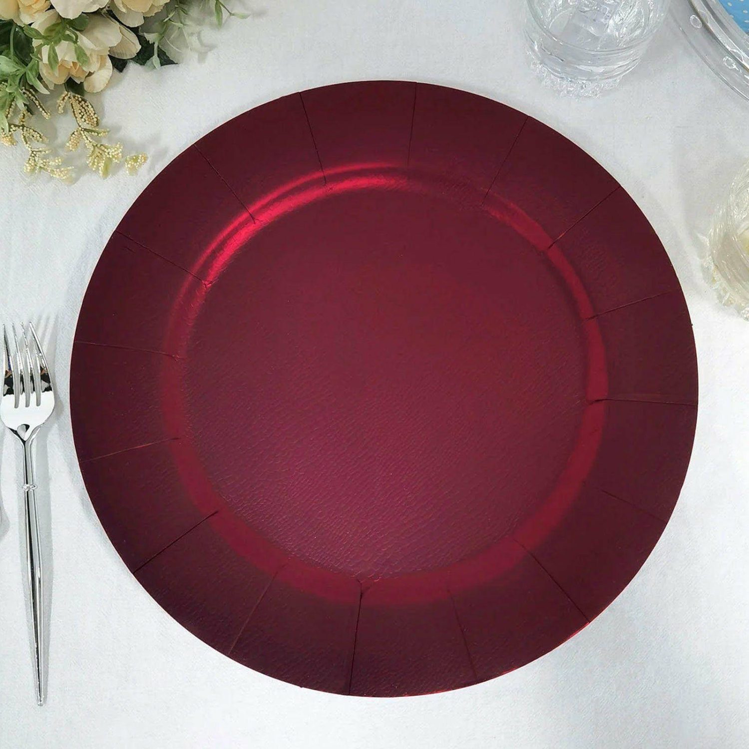 Disposable Chargers | 10 Pack Burgundy Disposable Charger Plates, Cardboard Serving Tray, Round with Leathery Texture 1100 GSM 13″ Chargers Burgundy