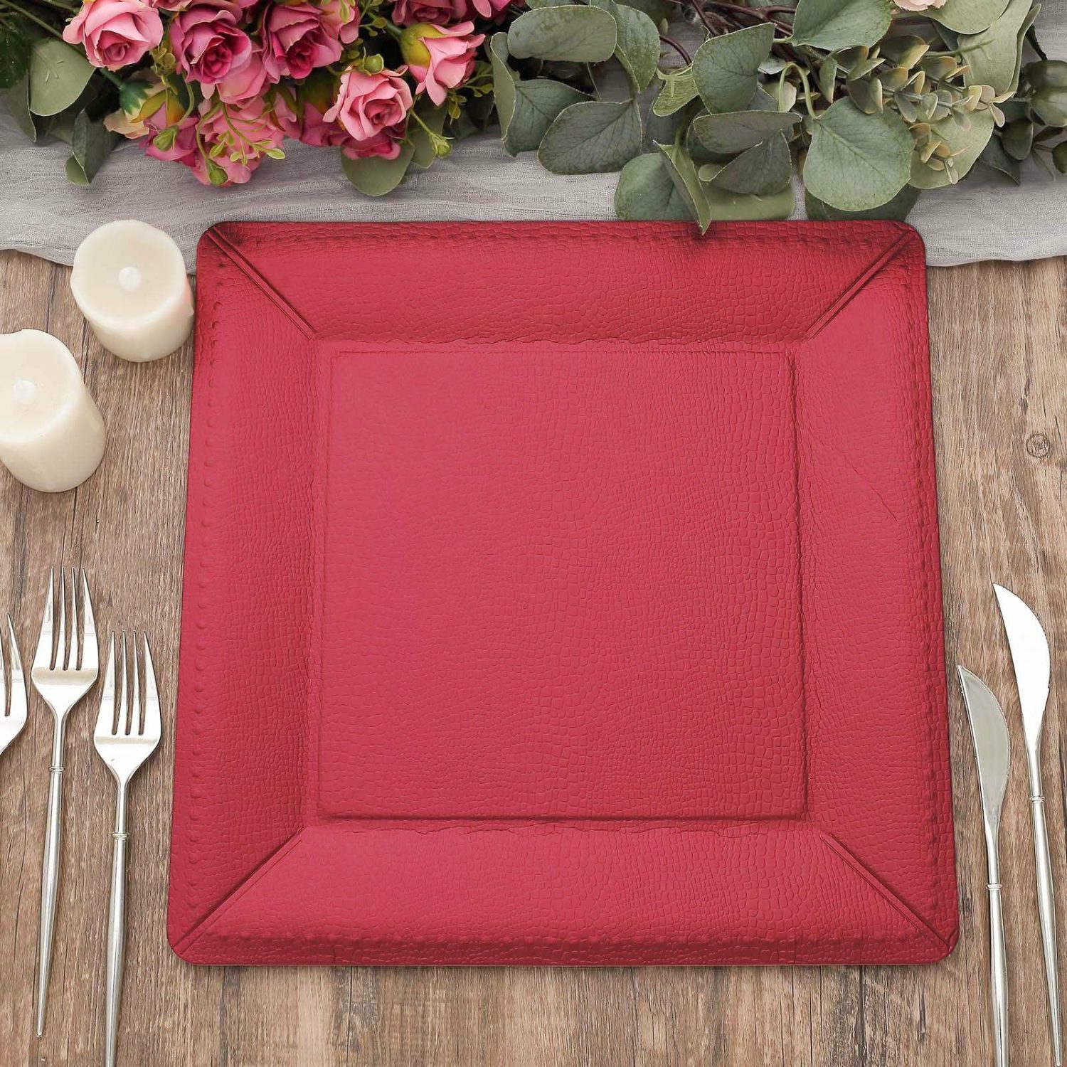 Disposable Chargers | 10 Pack Burgundy Textured Disposable Square Serving Trays, Leather Like Cardboard Charger Plates 1100 GSM 13″ Chargers Burgundy