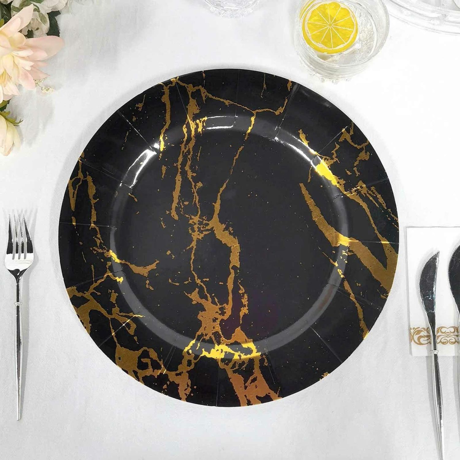 Disposable Chargers | 10 Pack Marble Disposable Charger Plates, Cardboard Serving Tray, Round with Leathery Texture – Black/Gold 1100 GSM 13″ Chargers Disposable Chargers