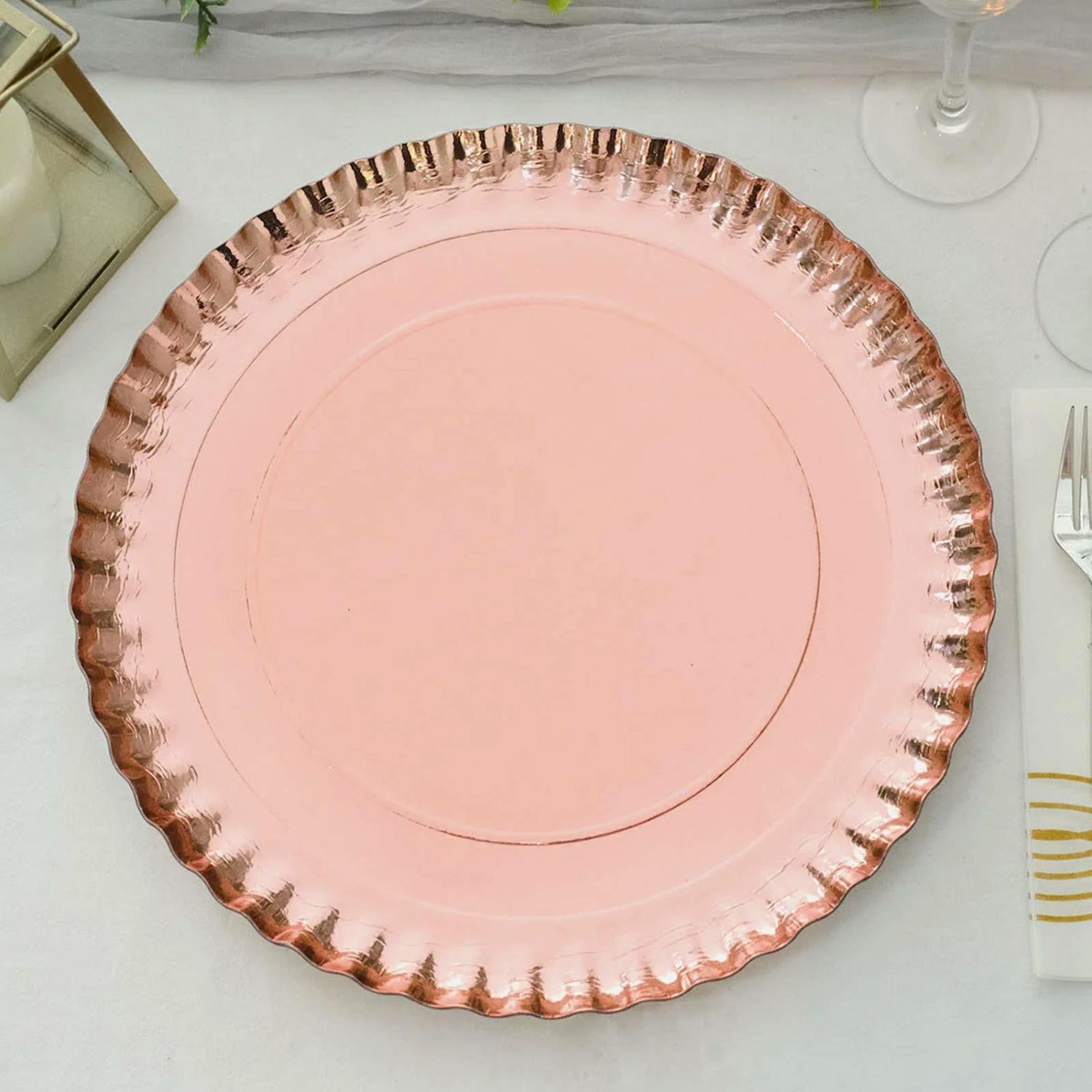 Disposable Chargers | 10 Pack Rose Gold Heavy Duty Paper Charger Plates, Disposable Serving Tray Round With Scalloped Rims 1100 GSM 13″ Chargers Blush/Rose gold